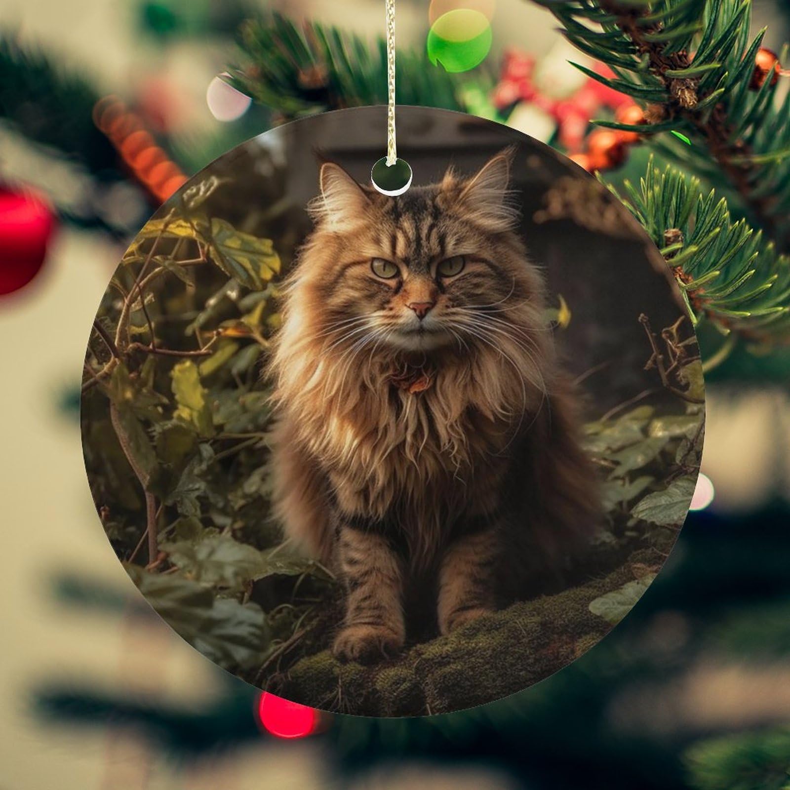 Cat Sitting in Bush Christmas Ornament for Christmas Tree Ceramic Round Ornament Winter Holiday Keepsake Gift 2.7" Christmas Tree Hanging Decorations Circle Ceramic Pendant Xmas Gift
