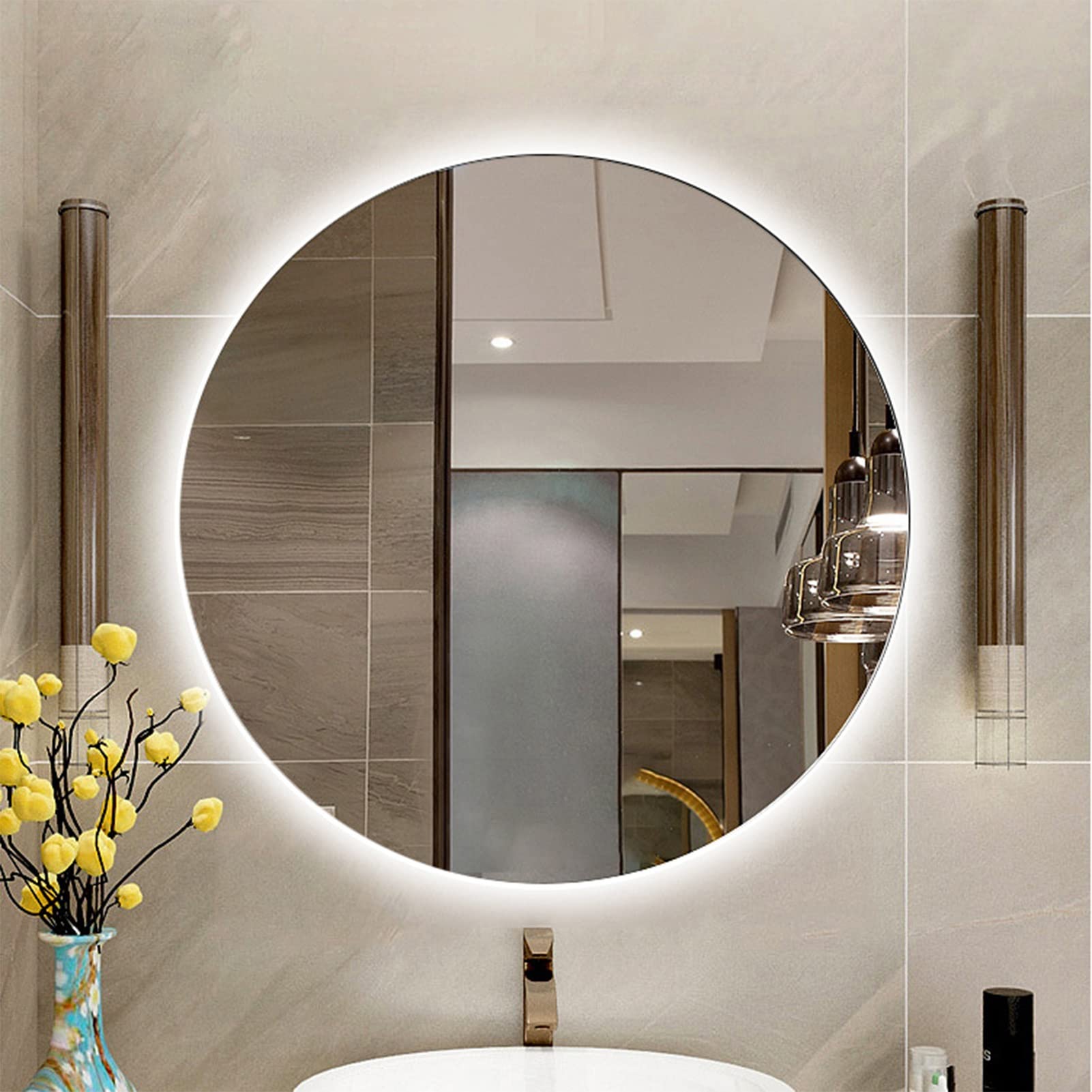 Miroir De Salle De Bain LED Rond, Intensité Variable, Température De Couleur Réglable, Miroir De Courtoisie Mural Anti-buée, Miroir Intelligent Étanche Et Incassable Pour Salle De Bain(Color:Warm ligh