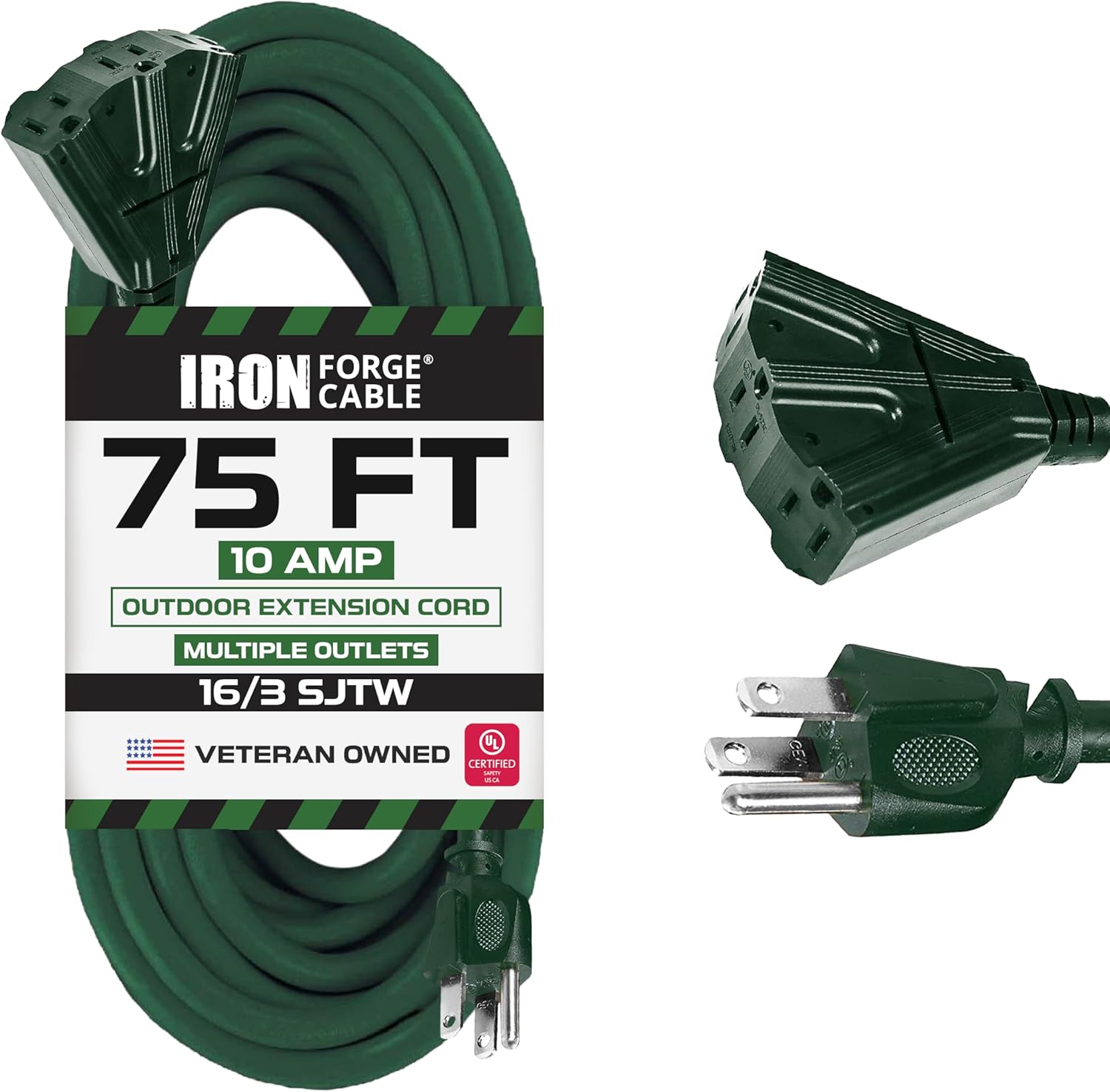 Iron Cable 3 Outlet Outdoor Extension Cord 75 ft, 16/3 Heavy Duty Green Extension Cord