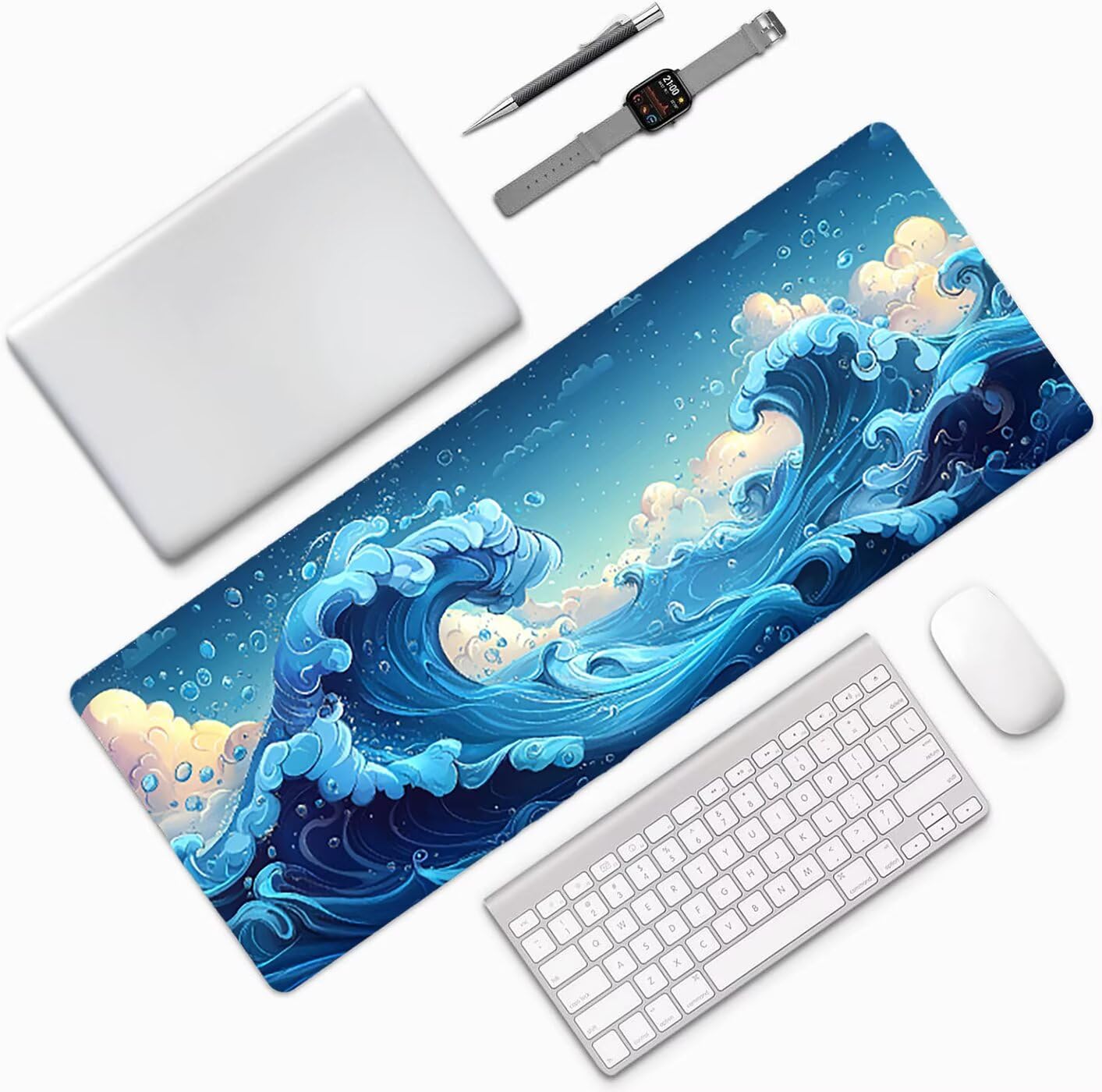Lpfieonn Wellen Großes Schreibtischunterlage, XXL Schreibtischunterlagen, Landschaft XXL Wasserdicht Gaming Mousepad mit Vernähter Rand und Rutschfeste Gummibasis, für Hause/Büro 120x60cm PF-2649
