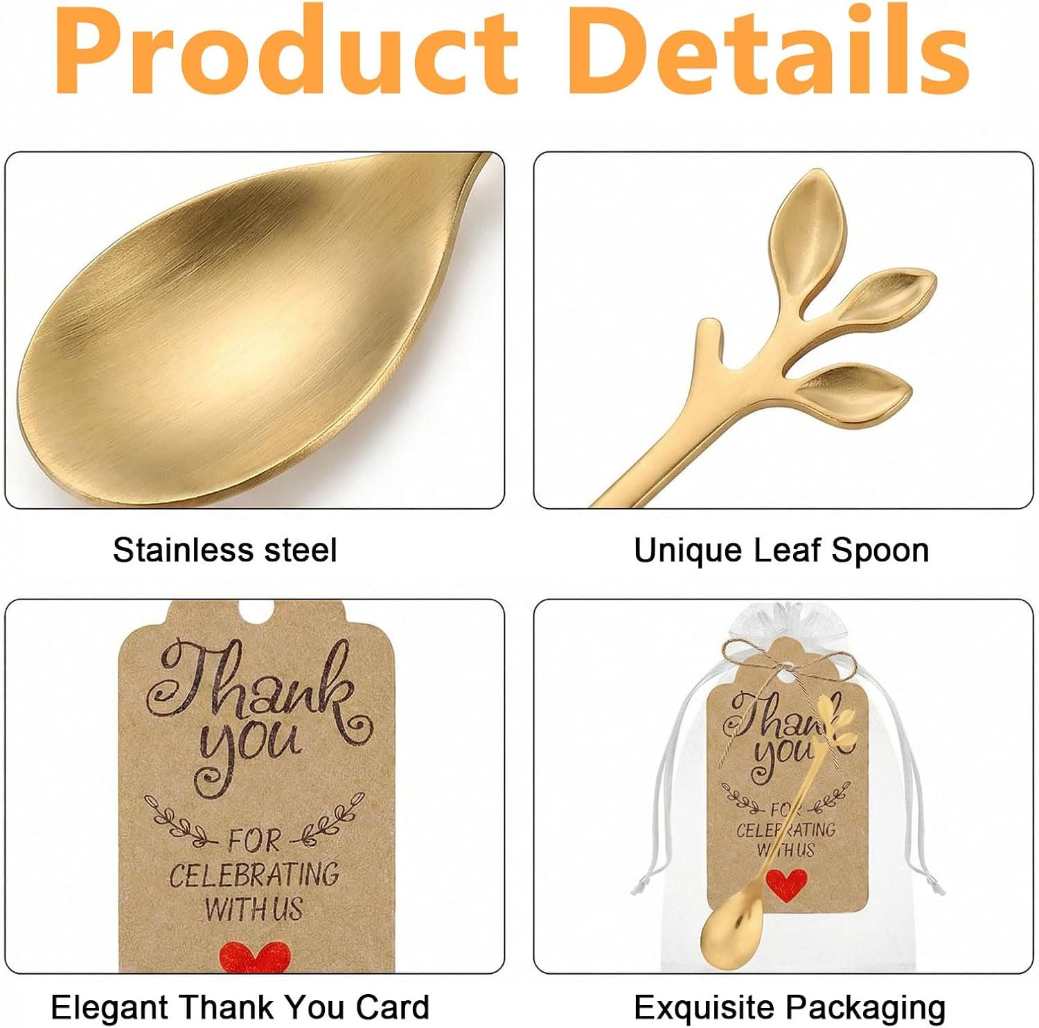 50 Sets Tea Spoon Party Favors Gold Tea Spoons Bulk for Guest with Mini Leaf Dessert Teaspoon Stainless Steel Thank You Card Organza Bags for Bridal Shower Favors Wedding Party Souvenir Gift