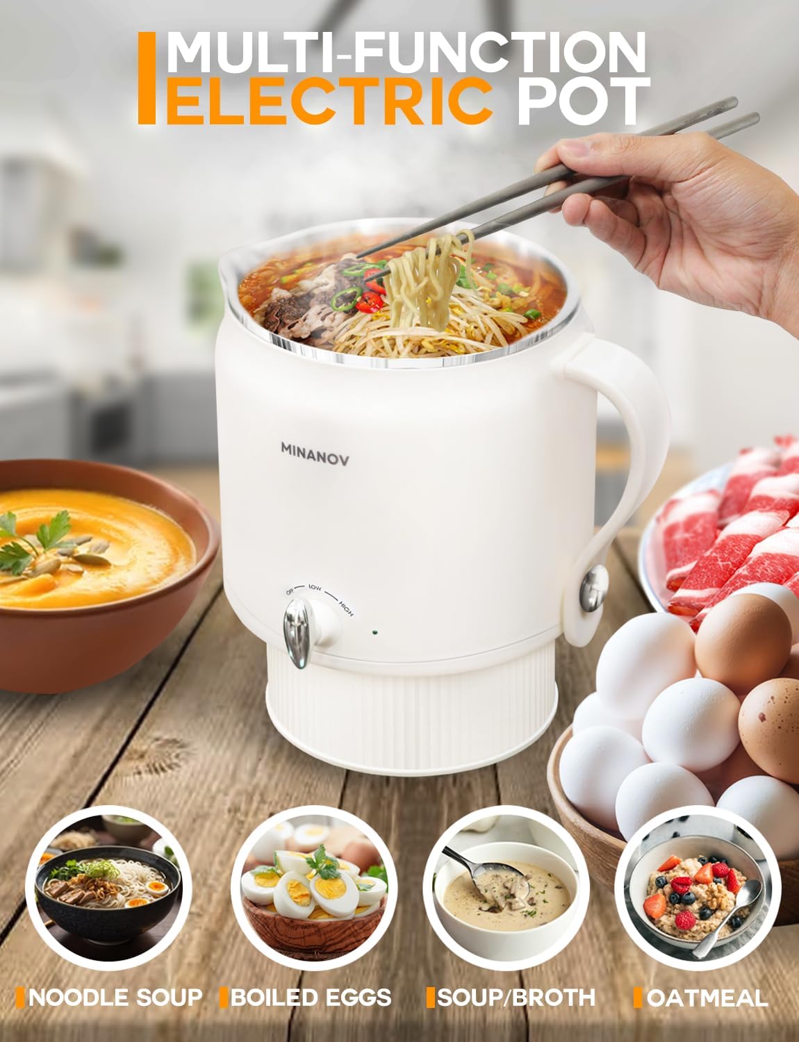 Electric Hot Pot - Electric Ramen Cooker with Adjustable Temperature - Portable Electric Pot for Ramen, Soup, Shabu Shabu, Noodles - Mini Travel Hot Pot for Dorm, RV, Camping