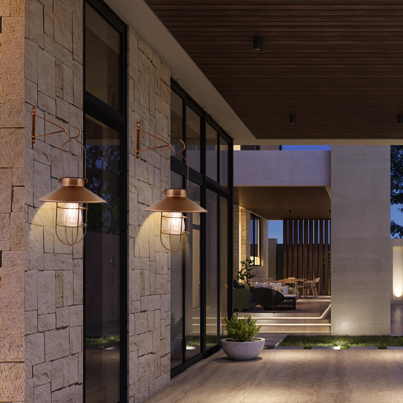 Hängende Solarlaterne für den Außenbereich, Kupfer, kleine Metall-Laternen mit Haken, warmweiß, Solar-Hängeleuchten, wasserdicht, Edison-Glühbirnen-Design für Garten, Hof, Terrasse, Veranda, Baumdekor