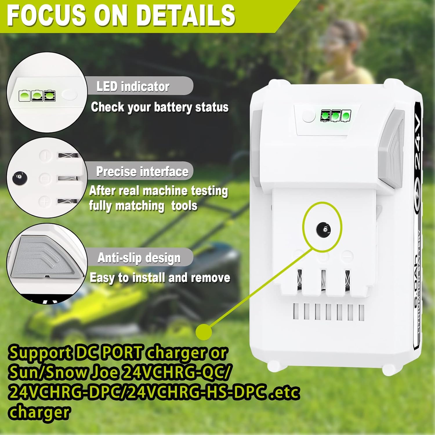 TenHutt 【Upgrade with DC Port】 24V 6.0Ah Replacement Battery for Snow Joe, Sun Joe, Power Joe, Aqua Joe 24V iON+ Tools 24BAT-LTX 24VBAT-LTW 24VBAT-LTE 24VBAT-LT 24VBAT Lithium Ion Power Tool Battery - Image 4