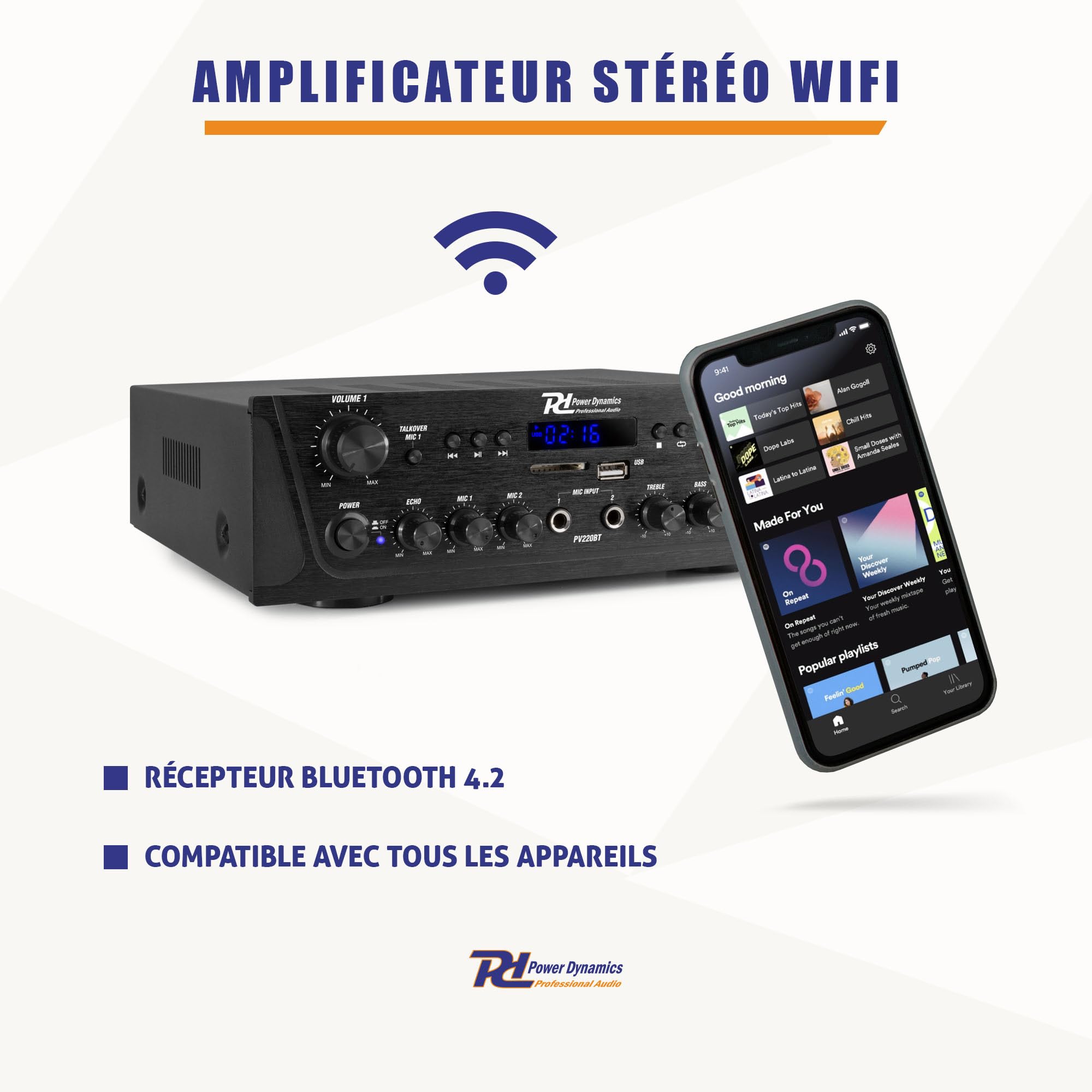 Power Dynamics PV220BT Amplificateur Audio Bluetooth 2x100W 2 Zones Lecteur MP3 USB/SD Radio FM Entrées RCA AUX Télécommande