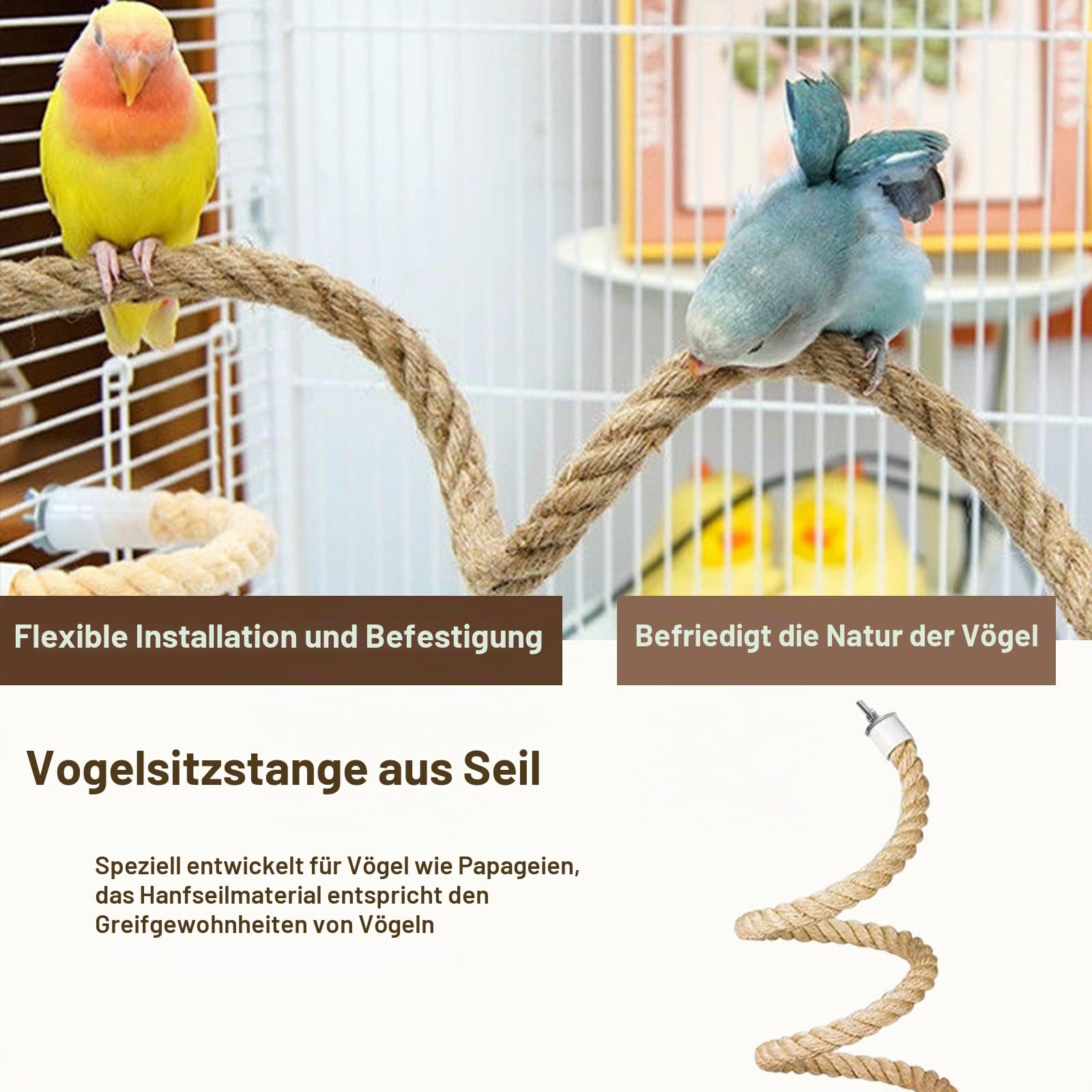 Seil-Sitzstange für Vögel,Vogelkäfig-Kletterseil-Spielzeugzubehör,biegbar,kletternd,biegbares natürliches Jute-Seil mit Kiefernholz und Edelstahlbefestigung,für Sittiche,Wellensittiche(150cm)