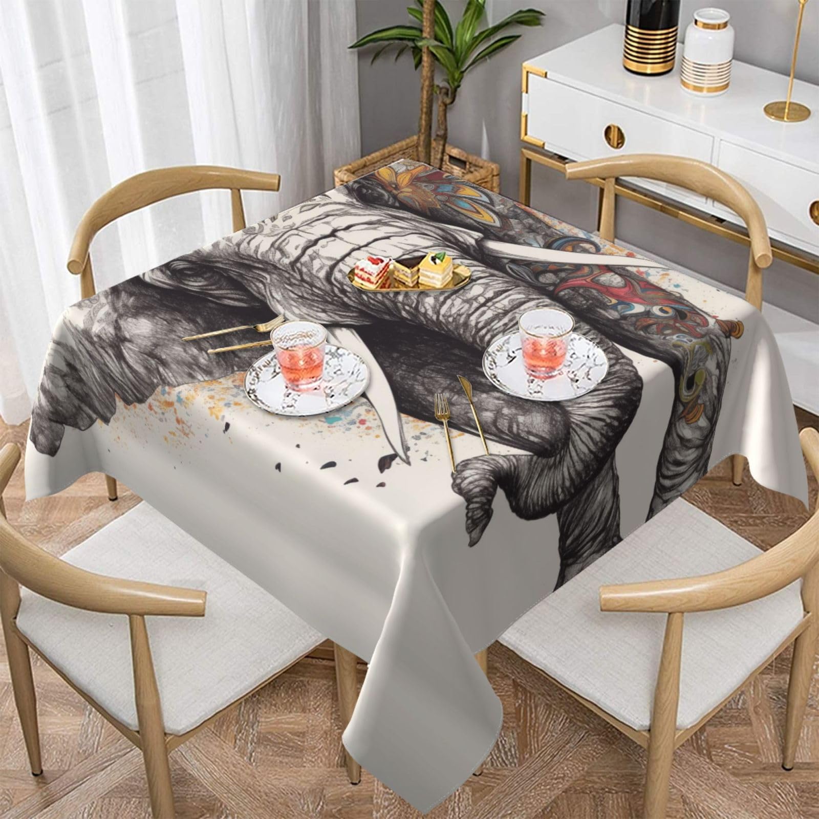 WPKJU Elephant Printed Square Tablecloth 60x60 inch Water Resistant Table Cover Washable Rectangle Table Cloth for Dining Tables