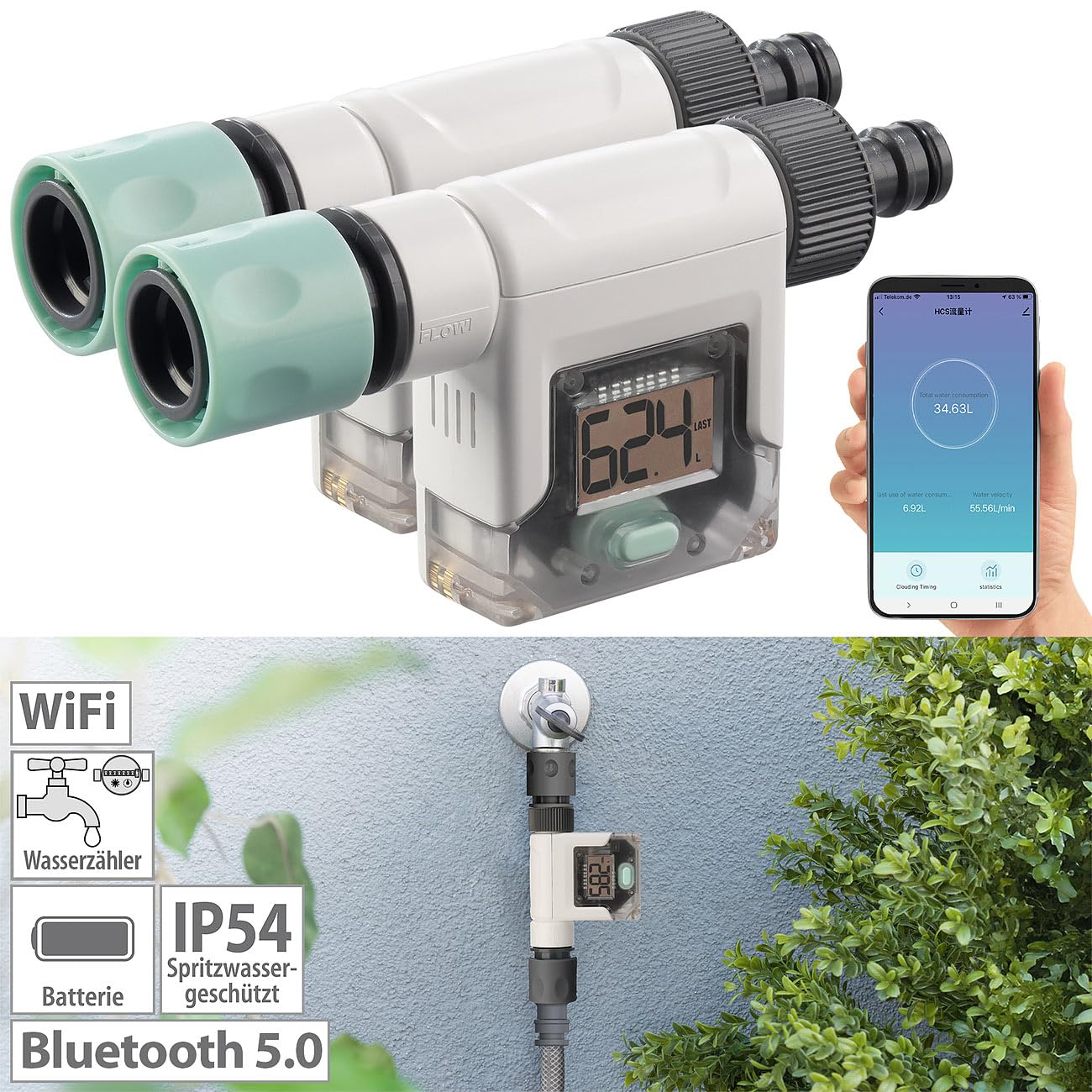 Royal Gardineer Garten-Wasser-Zähler: 2er-Set Smart-Wasserzähler für Gartenschlauch, Display, Bluetooth, App (Waschmaschine-Wasserzähler, Mengenzähler, Adapter)