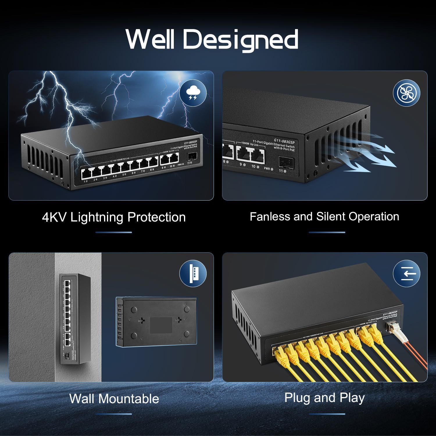 11 Port Gigabit POE Switch, 8 POE+ 1000Mbps, 2 Gigabit Uplink, 1 Gigabit SFP, IEEE802.3af/at, 135W Power Supply, Metal Case Unmanaged Plug and Play Binardat Ethernet Switch