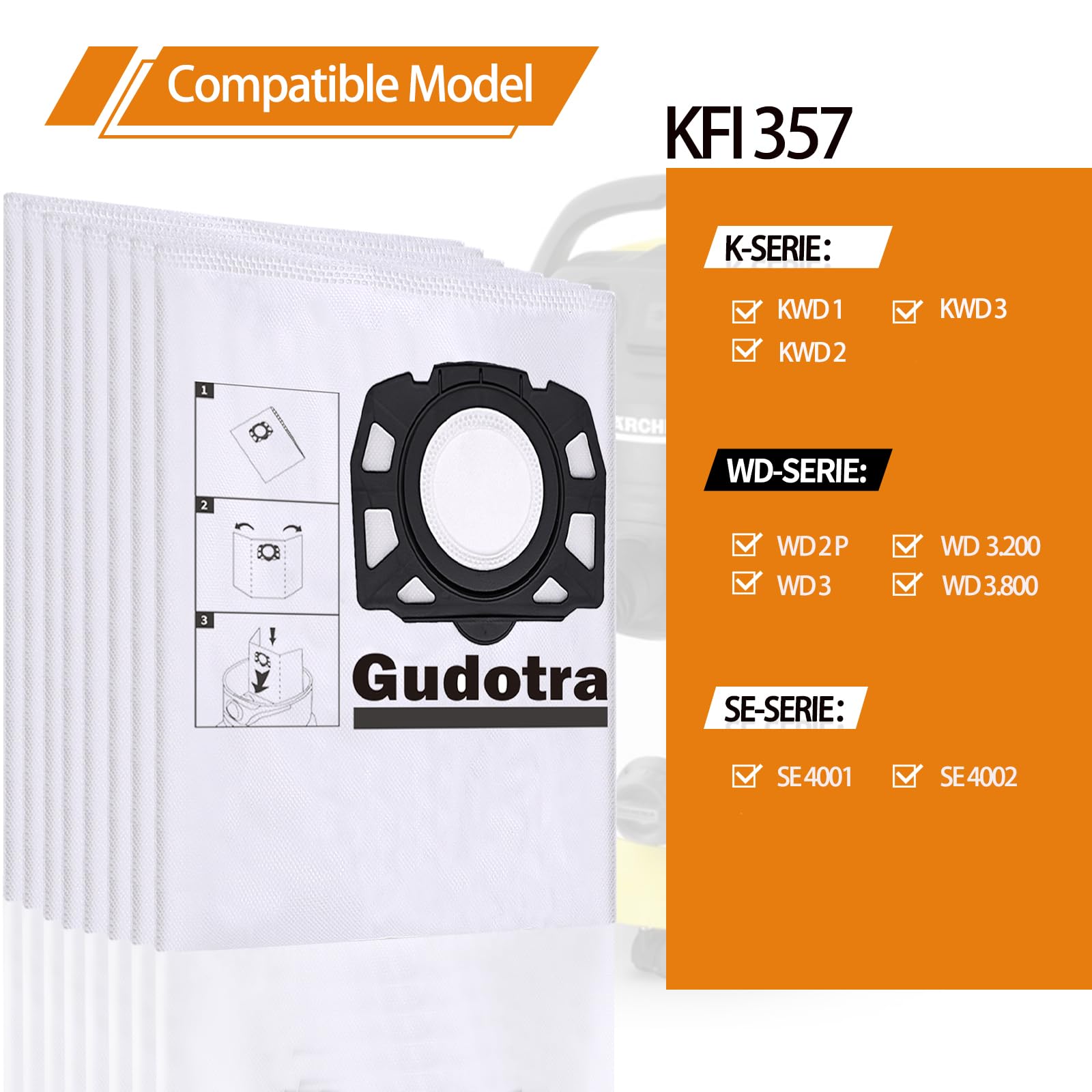 12 Sacchetti Aspirapolvere Compatibili Kärcher KFI 357 - Filtro Ricambio Per Modelli WD E SE - Foto 13