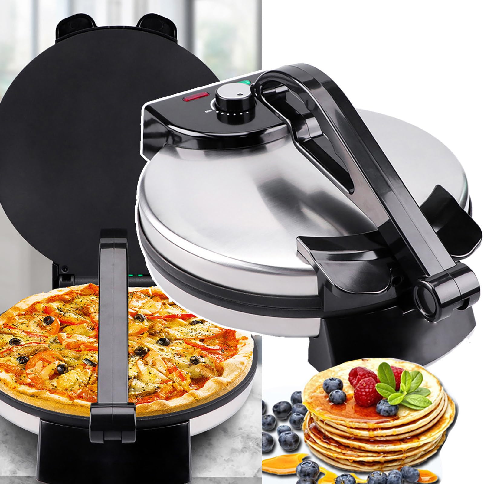 Crepera De 12 Pulgadas, Máquina para Hacer Panqueques Antiadherente De 1800 W: FabricacióN Pita,CalefaccióN De Doble Cara + Indicador Led, Haga Chapati/Tortilla FáCilmente