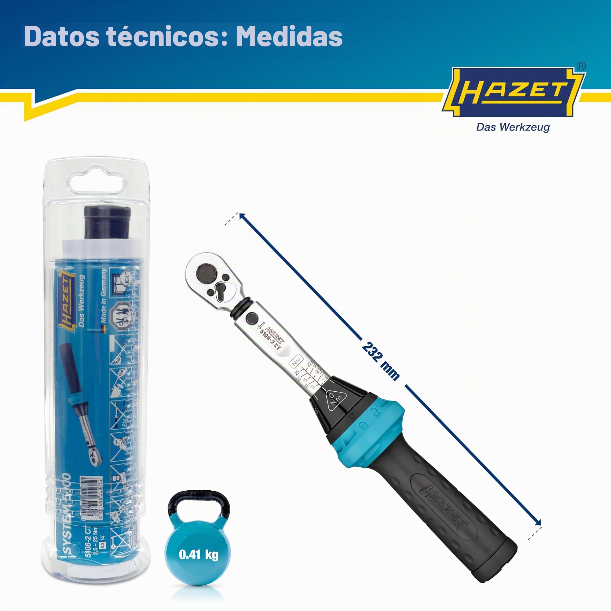 Llave dinamométrica HAZET 5108-2CT para bicicletas I Salida: cuadrada 6,3 mm 1/4 pulgada, tolerancia: 4%, 2,5-25 Nm, graduación fina I Carraca reversible, para bicicletas 232 mm