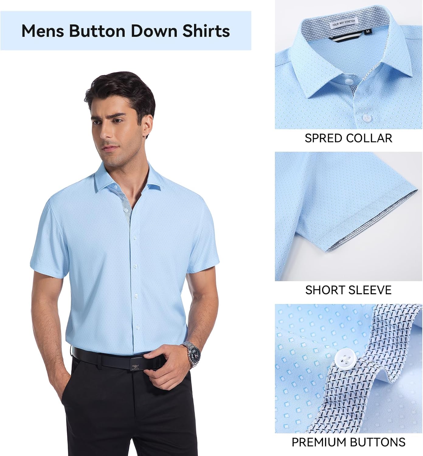 WARHORSEE Mens Printed Dress Shirts Wrinkle Free 4-Way Stretch Lightweight Summer Short Sleeve Button Down Shirts for Men - Image 5