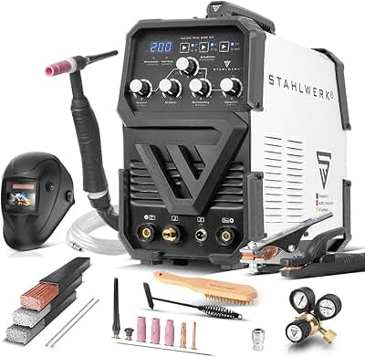 STAHLWERK Soldador combinado 2 en 1 AC/DC TIG 200 ST – Equipo completo – TIG & MMA (Electrodo/ARC) hasta 200 A, encendido HF, Hotstart, Anti-Stick, modo 2T & 4T, soldadura AC TIG para aluminio