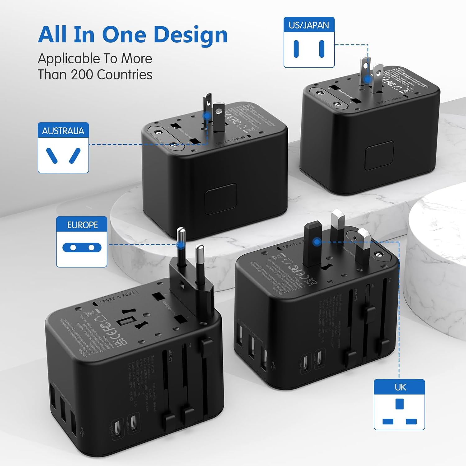Universal Travel Adapter, Redagod International Plug Adapter 3 USB A 2 USB C Ports Max 6A 30W, European Travel Power Adaptor Worldwide Essentials Wall Charger for US to Europe UK Ireland Australia