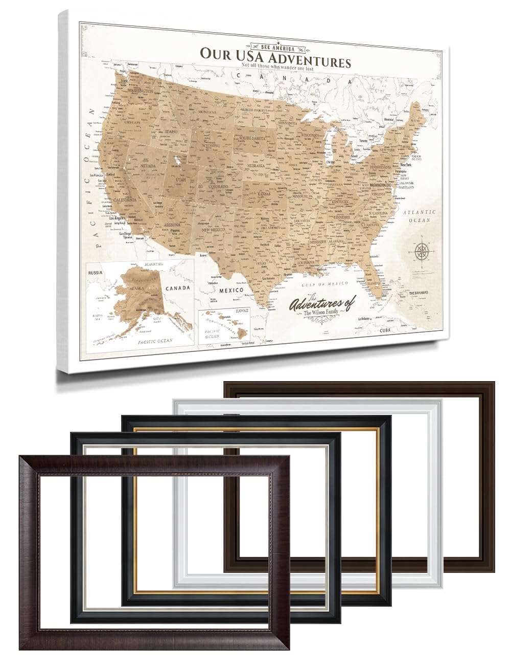 IPIC Personalized Vintage Framed USA Map Pin Board, Image Size 40x30 in