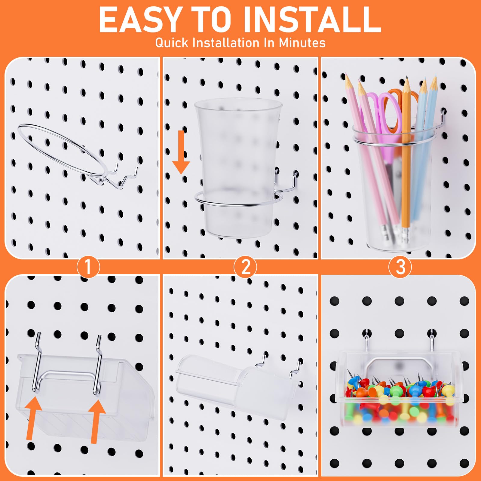 INCLY Kit di 30 accessori per lavagne forate, assortimento di ganci per pannelli forati con cestini, tazze, cesti in filo metallico e porta asciugamani di carta, per pannelli forati da 1/8" e 1/4