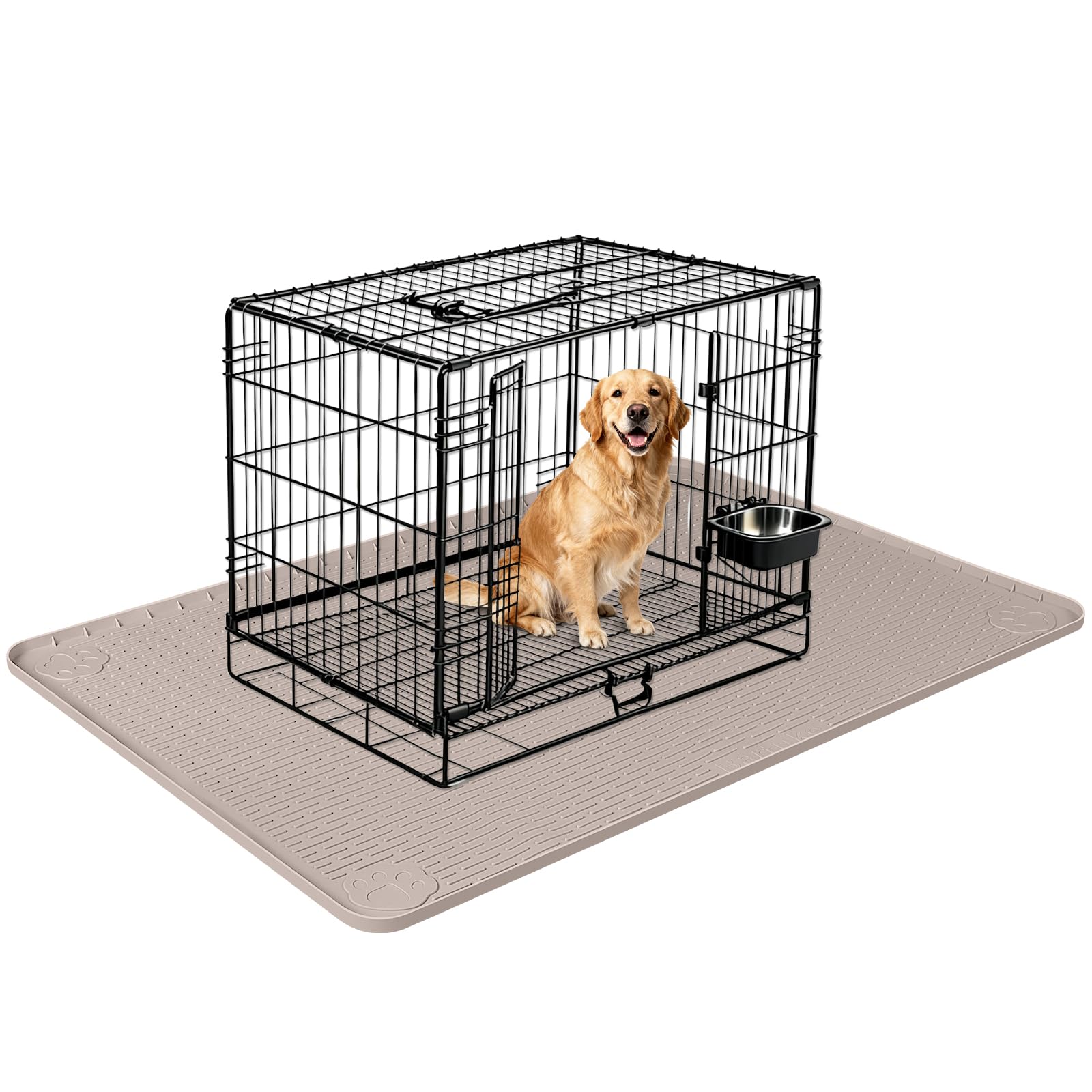 Bartuke Silicone Dog Bed Mat, 34"x 22" Crate Mat for Dog Cages, Kennel Mat with Raised Edge, Washable, Waterproof, Leakproof, Protect Floors (Khaki)