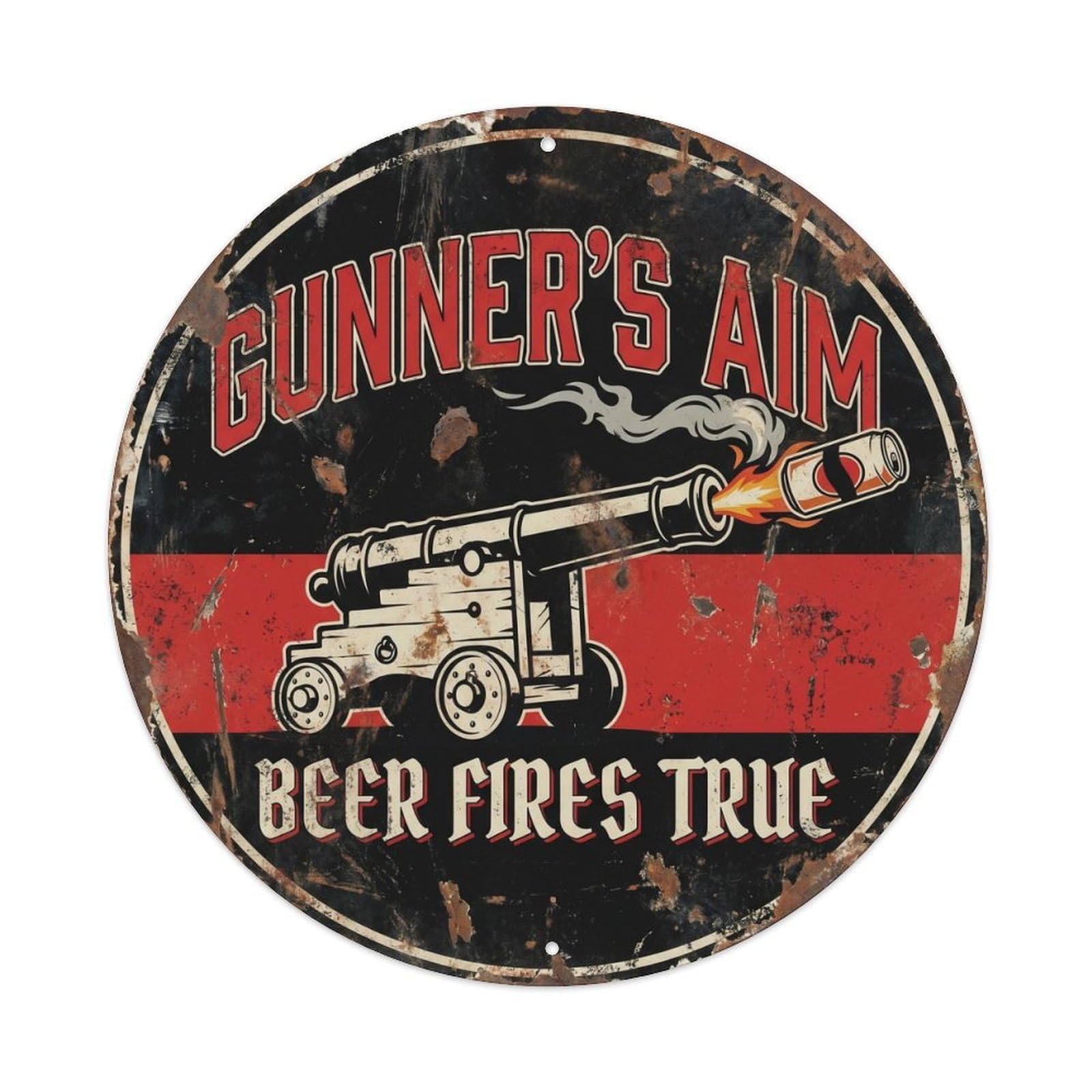 Retro Bar Style Gunner Cannon Lounge Beer Metal Tin Sign Plaque Wall Decor for Cafe, Club, Garden Round Metal Poster 8x8Inch