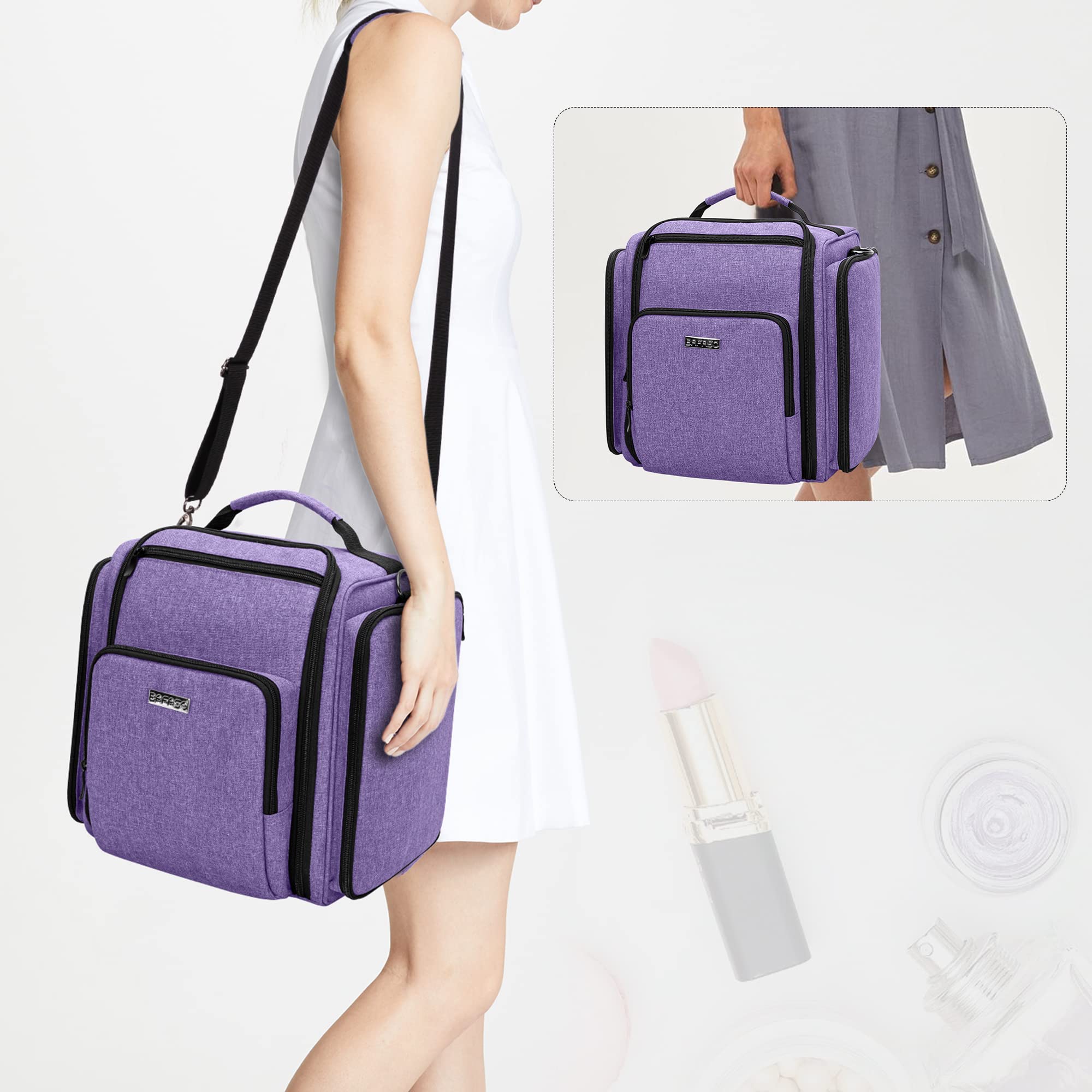 BAFASO Bolsa de Maquillaje Bolsa de Cosméticos con 4 Bolsillos, Púrpura | Estuche Multifuncional de Maquillaje de Viaje, Bolsillos Internos Extraíbles