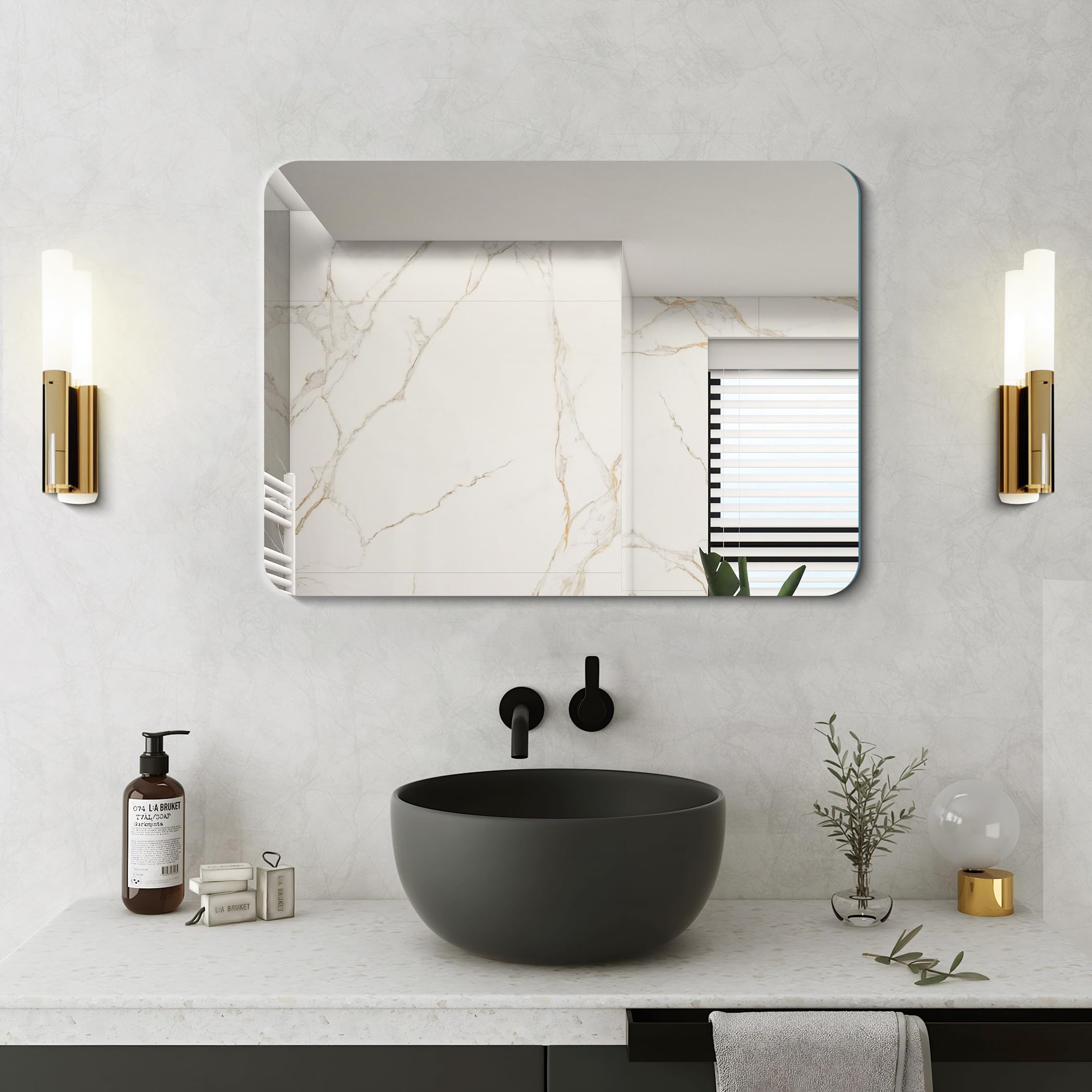 NIMURY Espejo de Pared Rectangular, 50x70 cm Espejo de Baño sin Marco con Esquinas Redondeadas, Espejo Rectangular para Baño, Dormitorio, Sala de Estar, Instalación Horizontal o Vertical