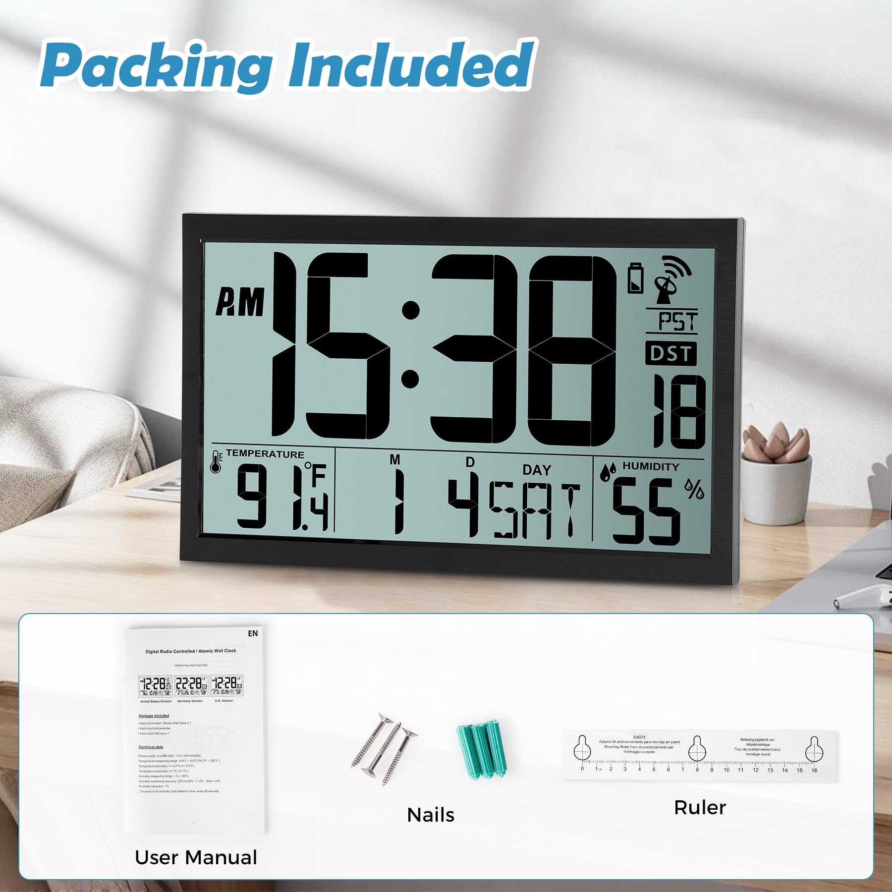 SZELAM Reloj de Pared Digital atómico con retroiluminación, Reloj de Pared Digital Grande de 15 Pulgadas, Reloj Digital de Pantalla Grande con día, Fecha y Temperatura