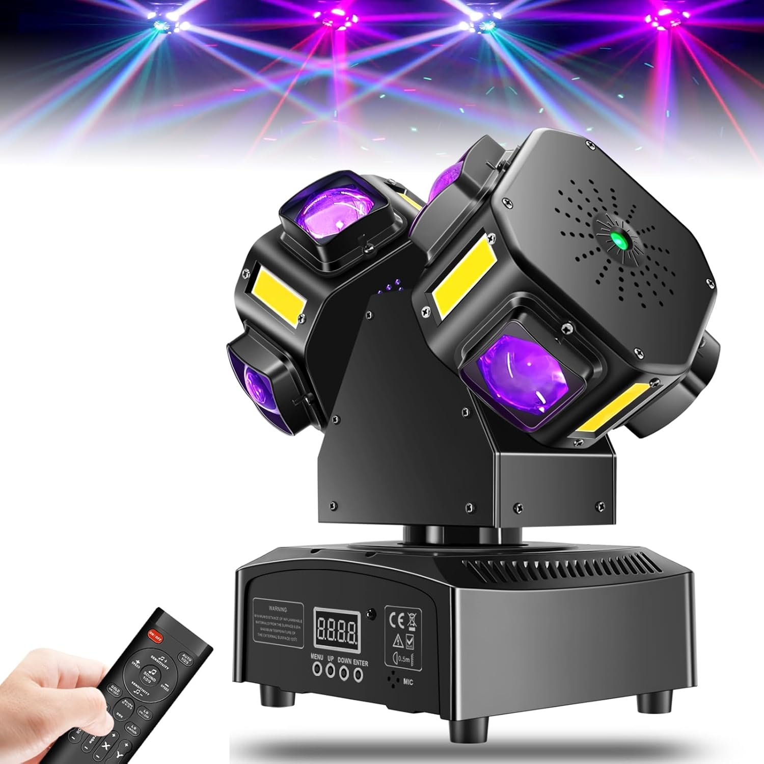 Double Head 4-in-1 RGB Moving Head DJ Light Dual Channel Independent Control RGB Beam Golden Strobe Effects Sound Activated DMX512 Stage Lights for DJ Bar Party Wedding Birthday Celebration