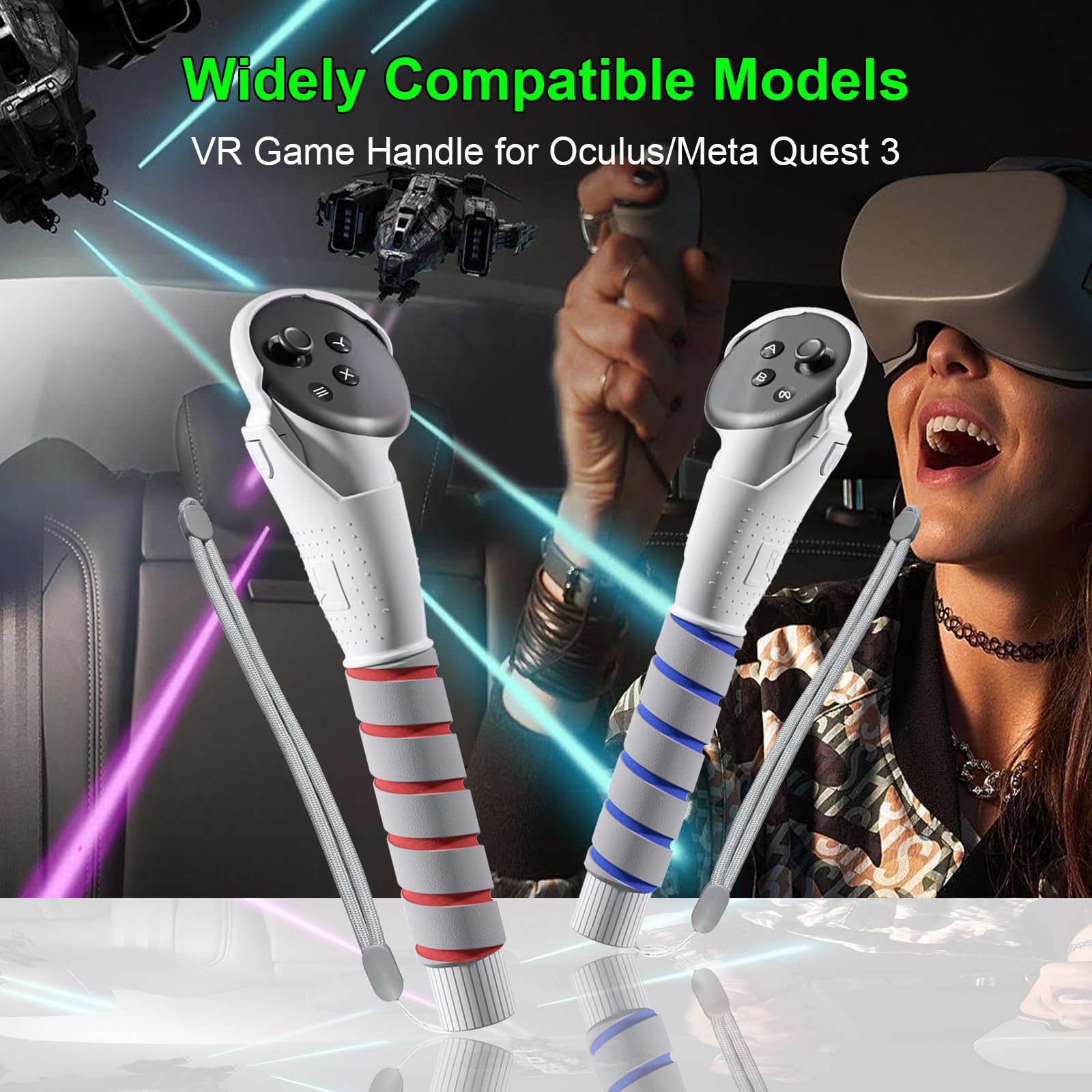 3 in 1 Upgraded VR Dual Long Stick Handle Extension Game Grips Handle Attachment for Meta/Oculus Quest 2 Controller Grips (Q11-Quest 3)
