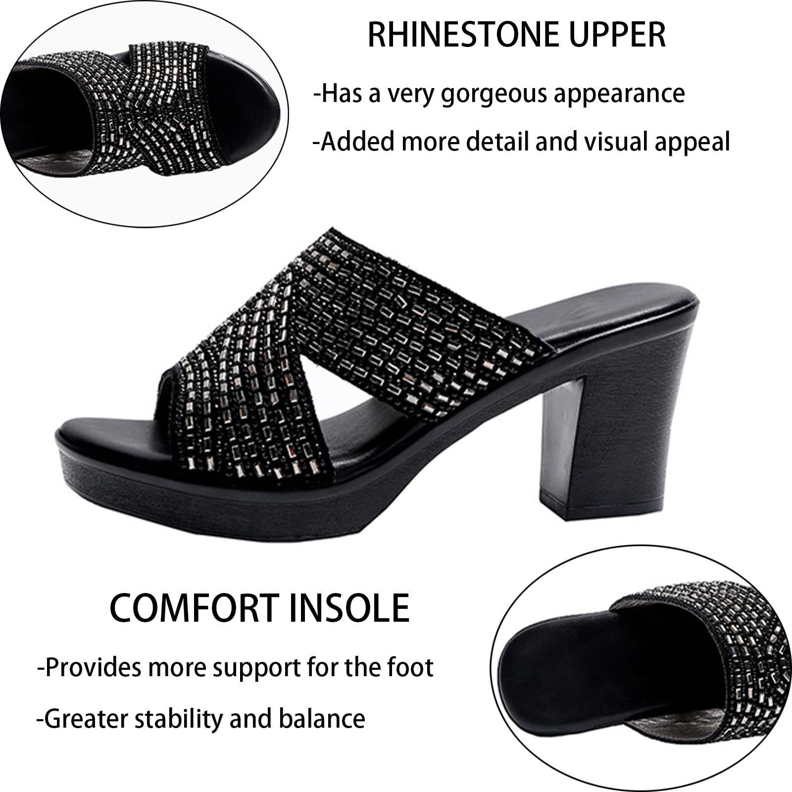 Crepuscute Women's Rhinestone Fish Mouth chunky heel Slippers Sandals Summer Platform Open Toe Non-Slip Comfortable High Heel Sandals Slip On Mules Wedding Party Dress Slide Shoes (8.5,black,8.5)