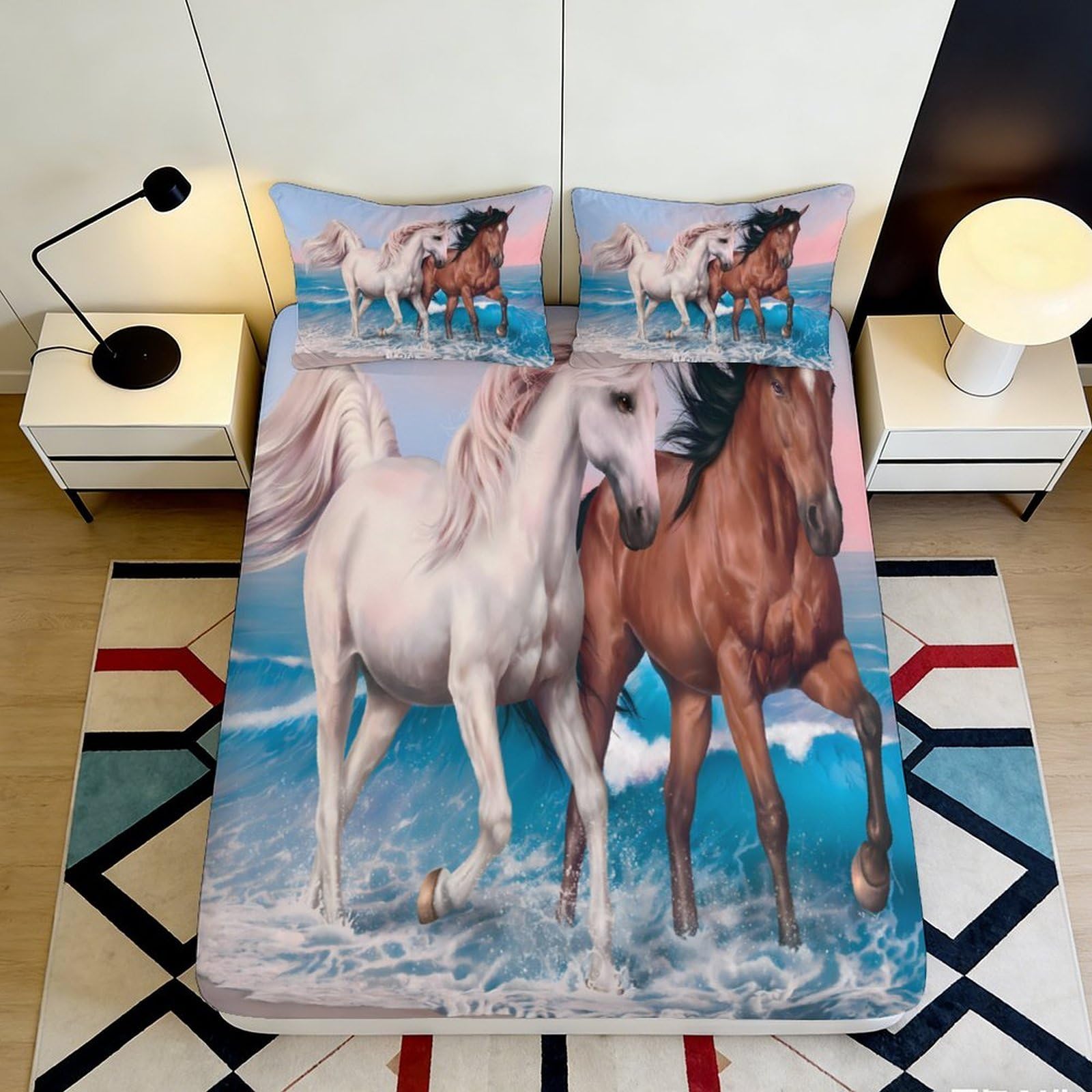 Pnayamiorkfel Style-9 3D Printed Running Horses Fitted Sheet Microfiber Soft Brown White Stallion Bed Cover Bedroom Decor 90X200x25cm