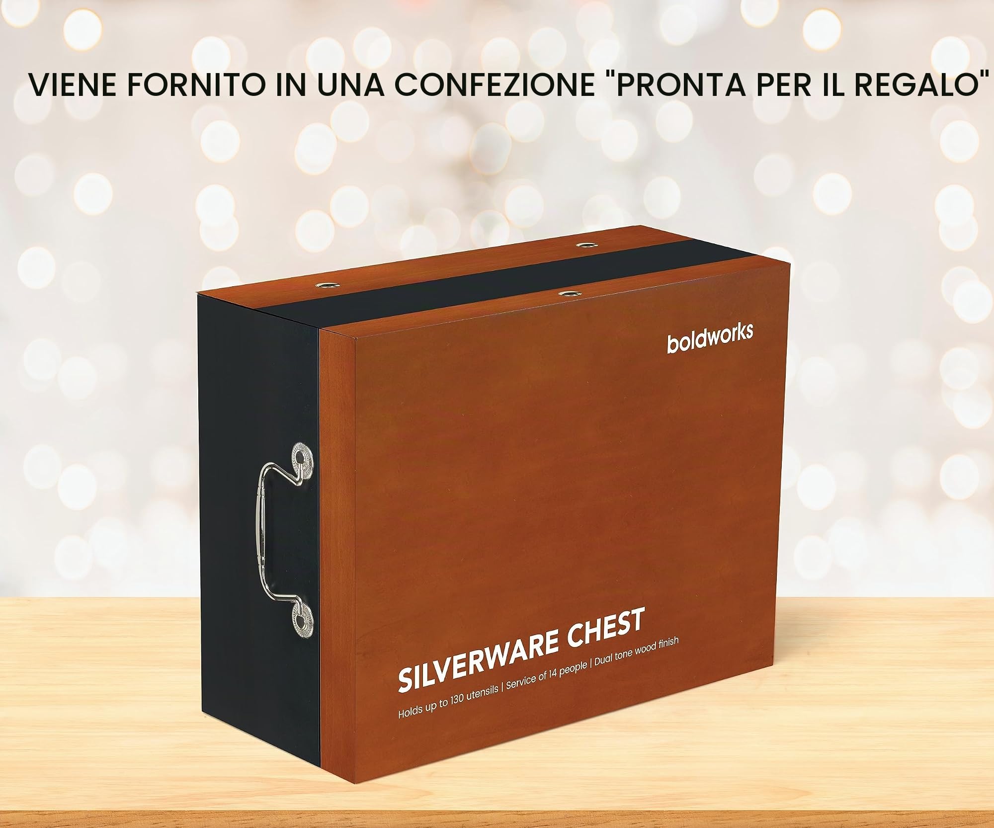 Scatola portaoggetti per posate in argento, con coperchio, anti-ossidazione, divisorio foderato in feltro e cassetto, per 14 persone, include panno per la pulizia