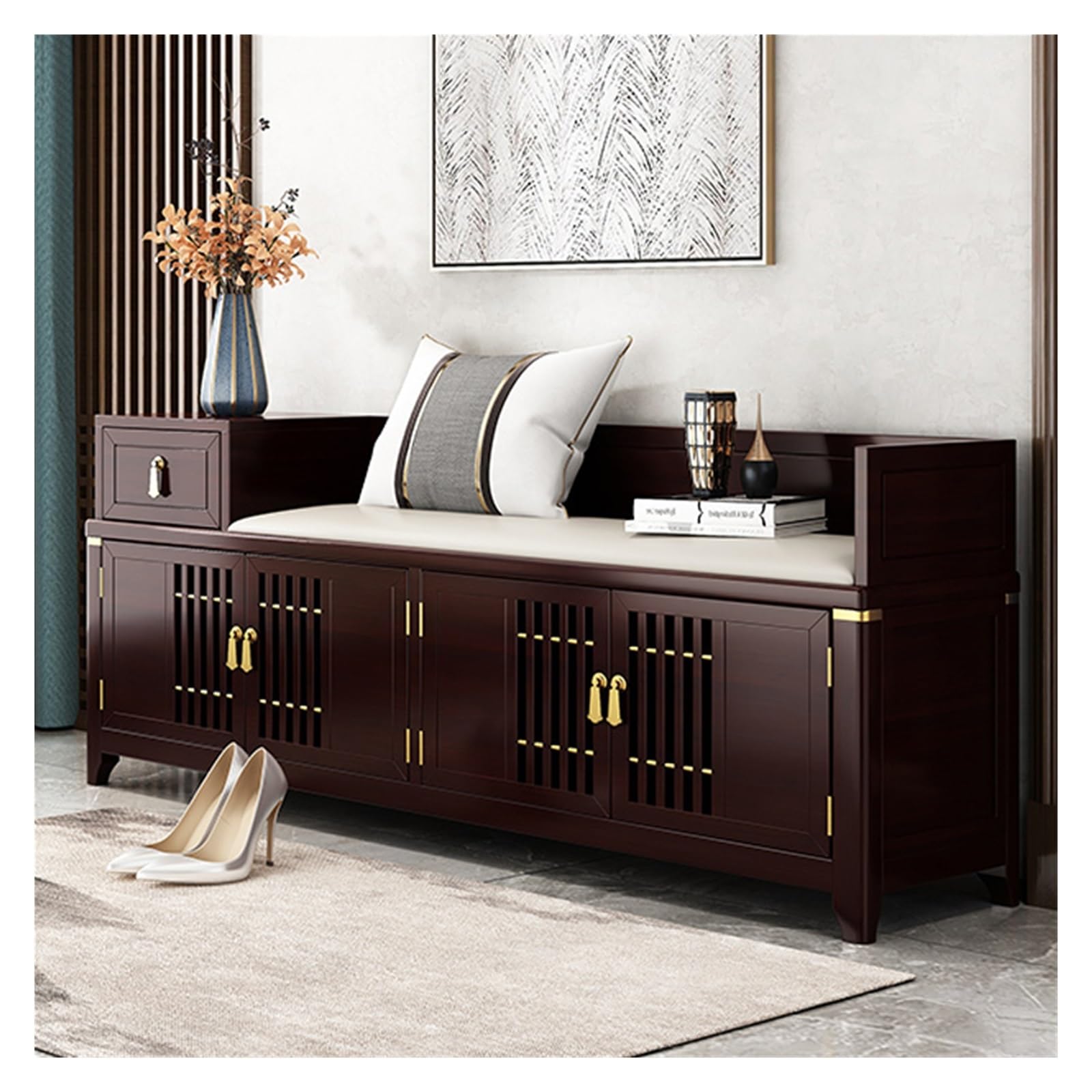Aioneer Footstool For Front Door Entrance Home Solid Wood Shoe Changing Stool Shoe Cabinet Chinese Style Shoe Changing Stool Household Long Shoe Changing Stool With Storage Cabin-140 * 37 * 45cm