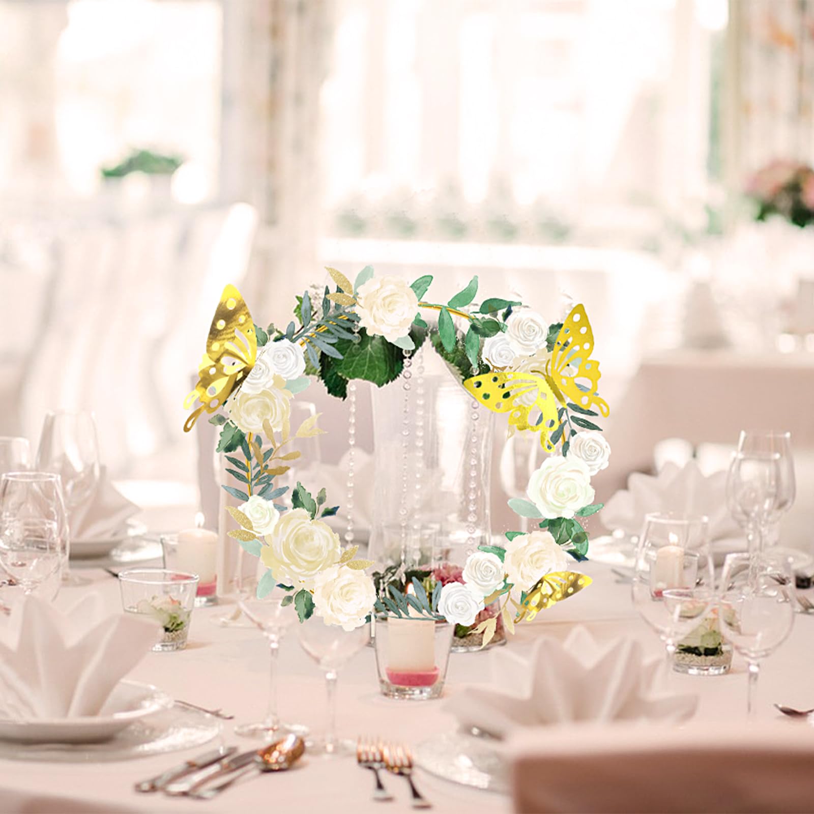 10 cerchi floreali in metallo da 30,5 cm con supporto per centrotavola, ghirlanda dorata macramè anello con decorazione a farfalla 3D, centrotavola decorazioni da tavolo per matrimoni, feste fai da te