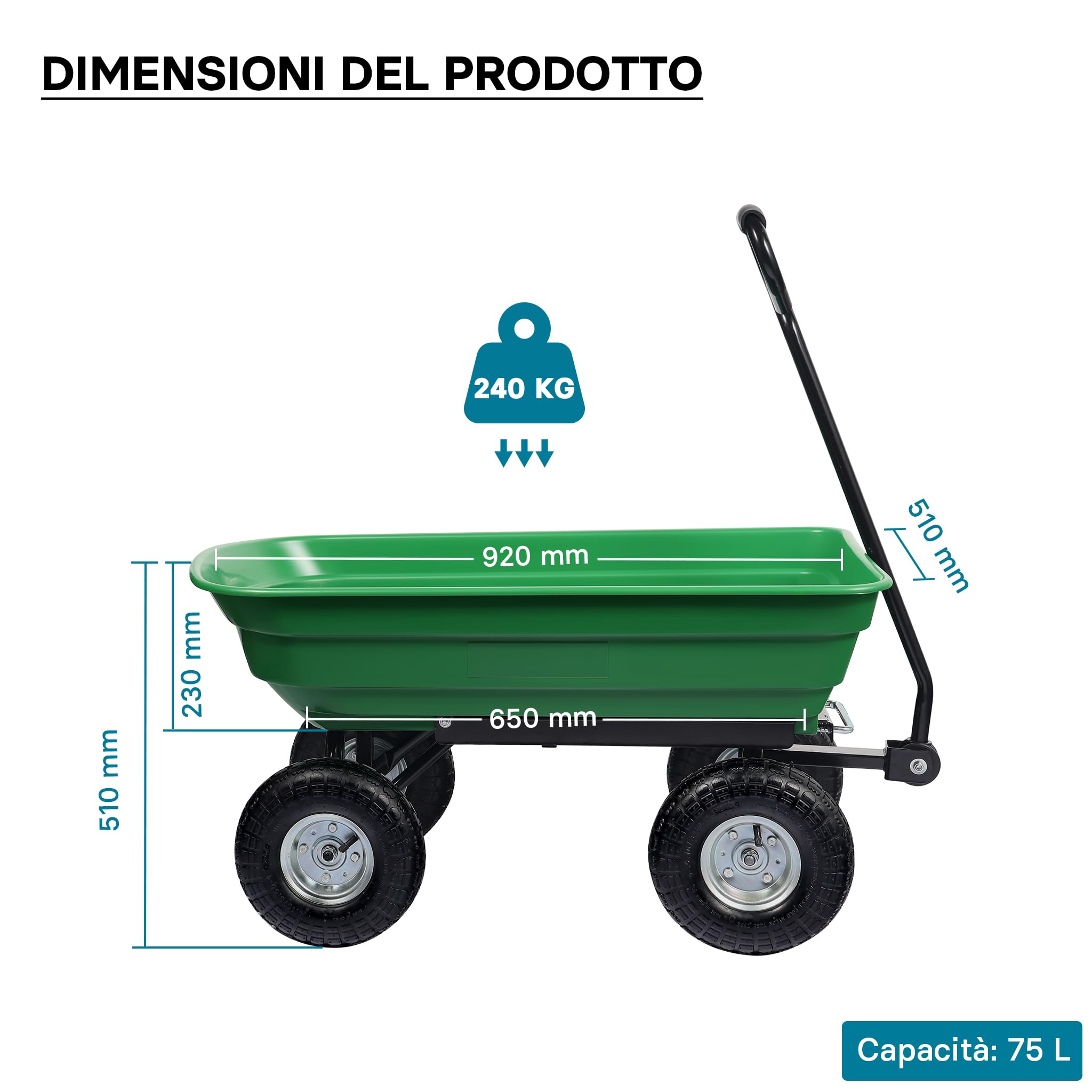 Wiltec Carrello da giardino ribaltabile, capacità 75 l, portata max 240 kg, Carretto a mano Carriola