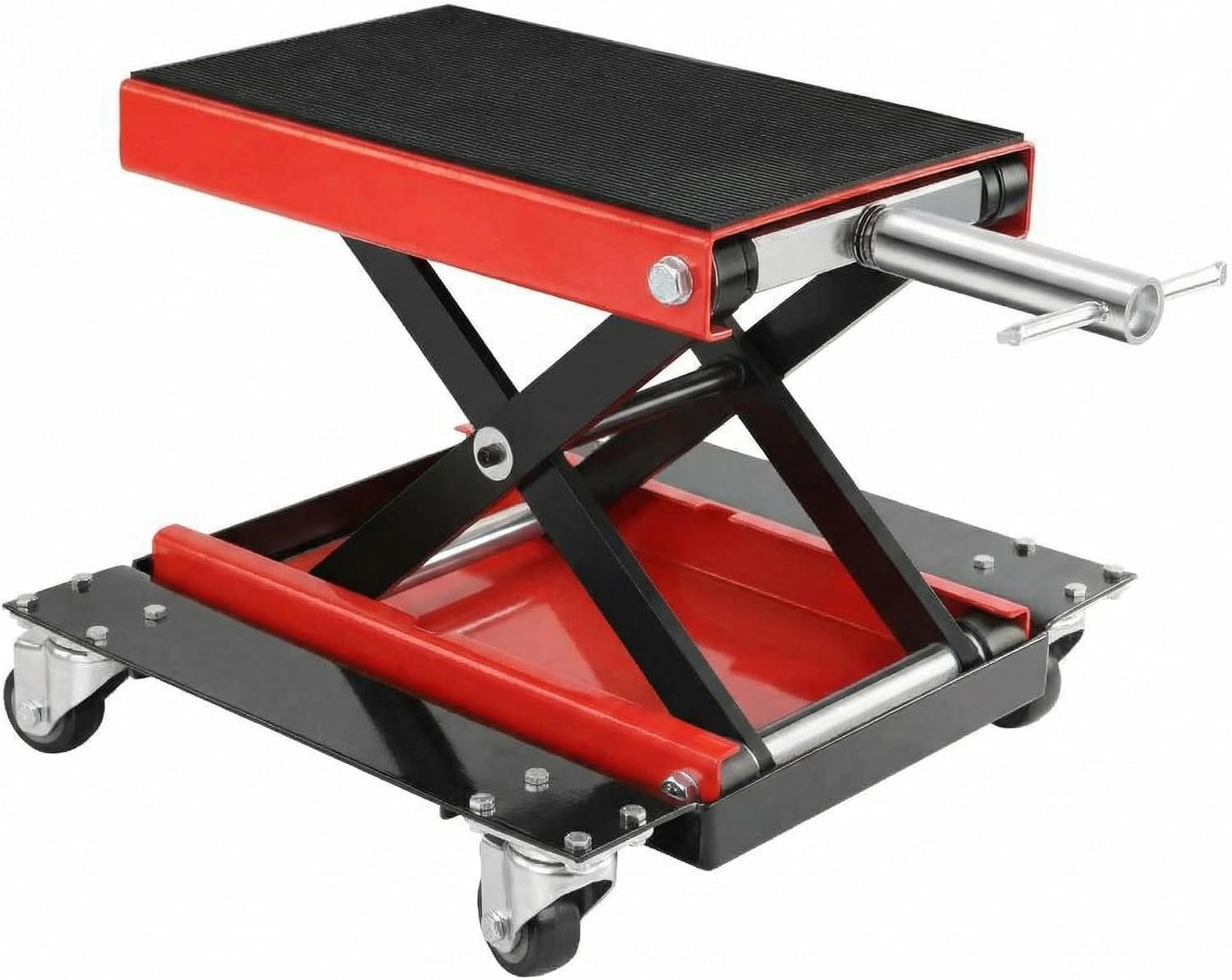 Motorcycle Lift with Dolly Wheels, 1100LBS Capacity, Height Adjustable Motorcycle Jack with Hand Crank, Heavy Duty Scissor Lift Jack for Dirt Bike Cruiser ATV Garage Repair Stand and Maintenance