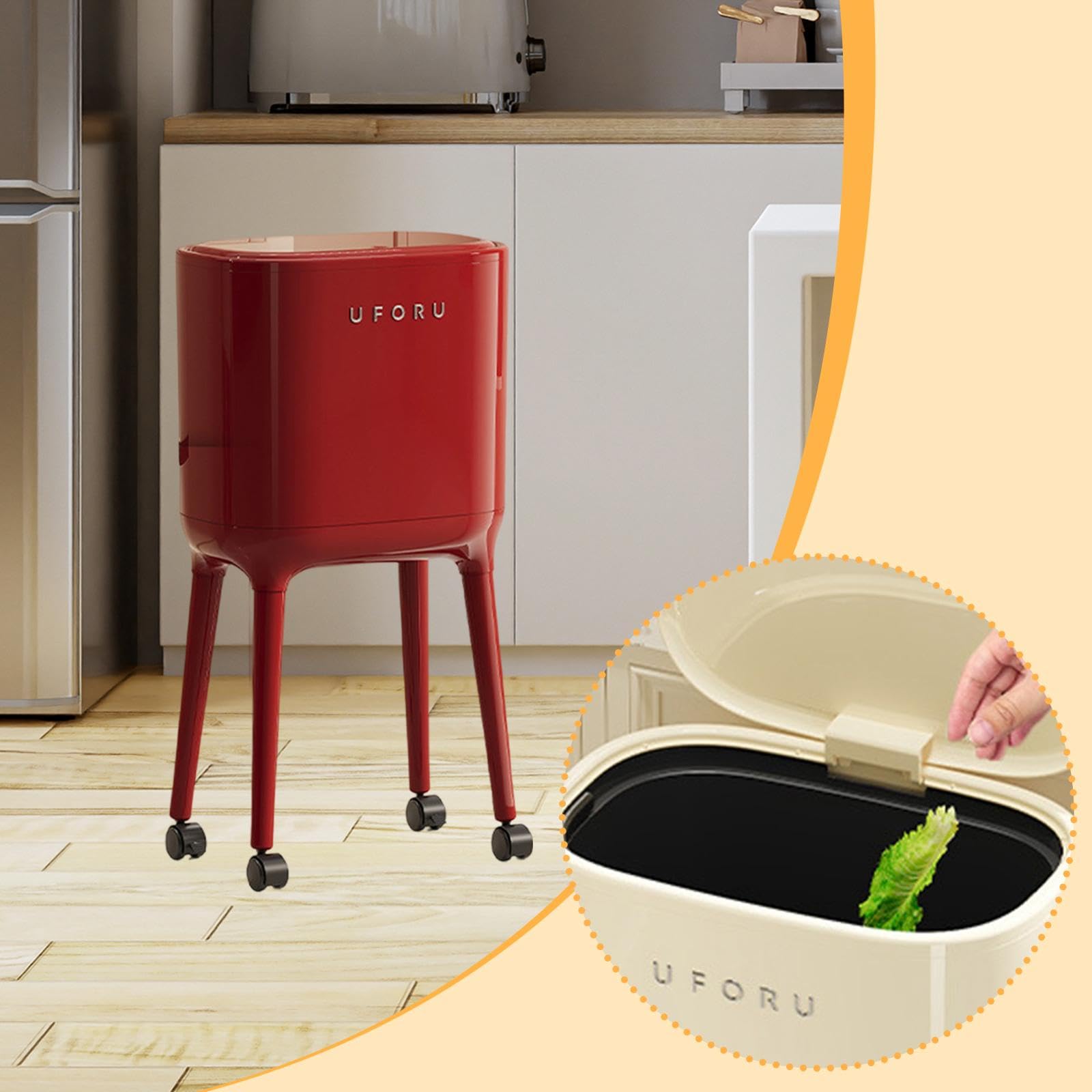 Cestino con Coperchio E Ruote, Grande Pattumiera, Cestino Ergonomico per La Carta, Contenitore Multifunzionale per Rifiuti in PP per Cucina, Soggiorno, Rosso