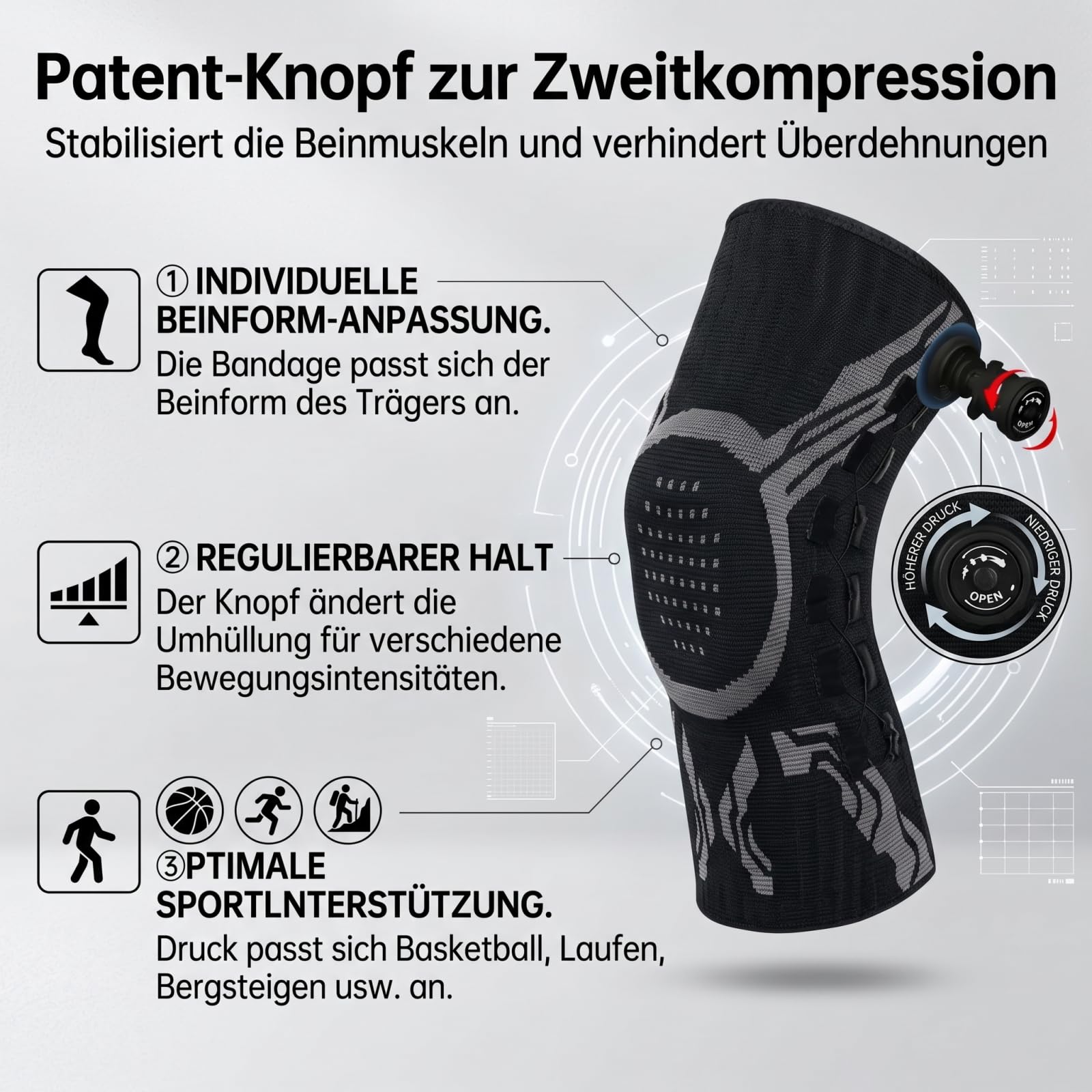 VILAO Kniebandage mit Drehverschluss,Gelenkrehabilitation und den Alltag (Grauweiß-L,M)