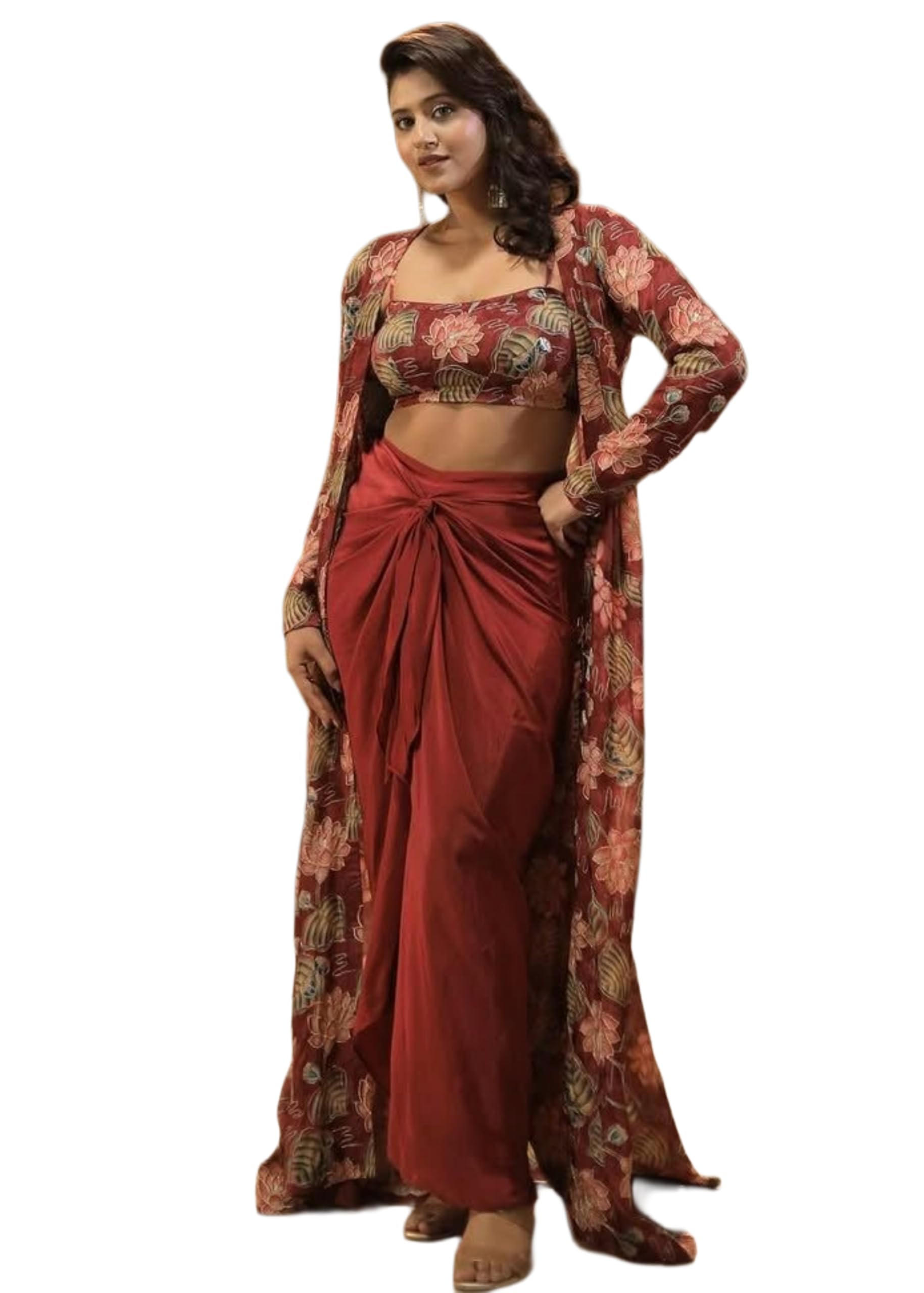 Indian Crepe Silk Fabric Printed Work Party Wear Indo Western Style Suit 16378