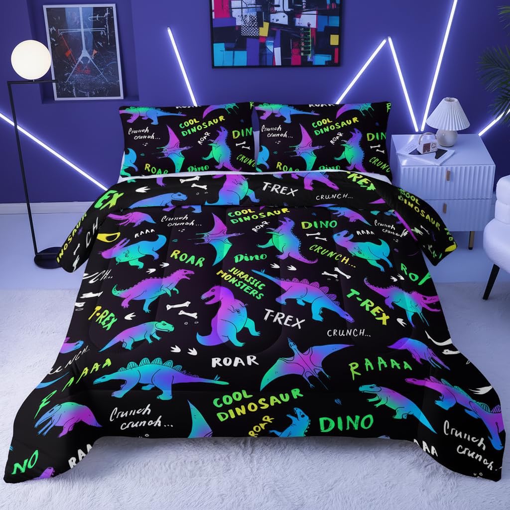 QOOMO Jurassic Dinosaur Comforter Queen Size, Black Cartoon Animals Kids Bedding Set, Suitability Girs and Boys Black Decorate a Room 1 Comforter Set 2 Pillowcases