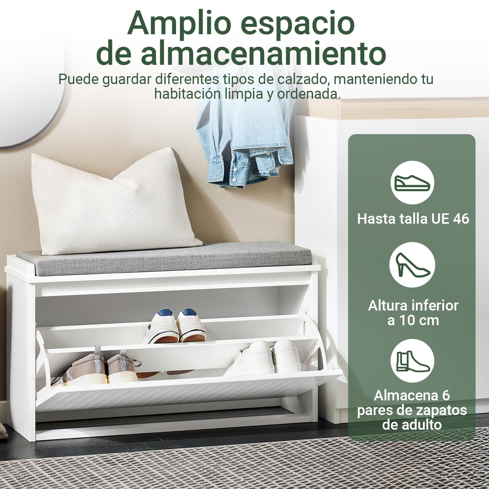 SoBuy Banco Zapatero con Asiento 80x26x45cm para Recibidor | Zapatero entrada para 6-8 pares, 155kg de carga, diseño moderno blanco FSR98-L-W