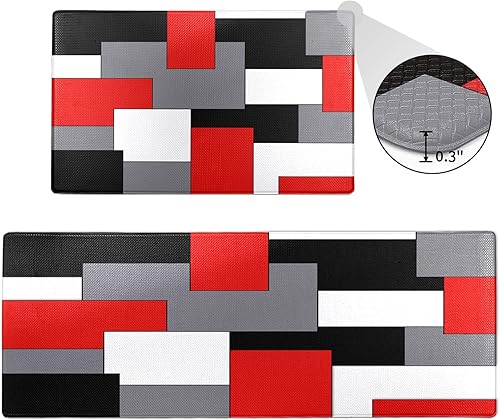 Miniatura 10 de FNLNDO Juego de 2 alfombras y tapetes de cocina color azul, negro, gris, blanco, moderno, abstracto, acolchado, antifatiga, juego de alfombras de