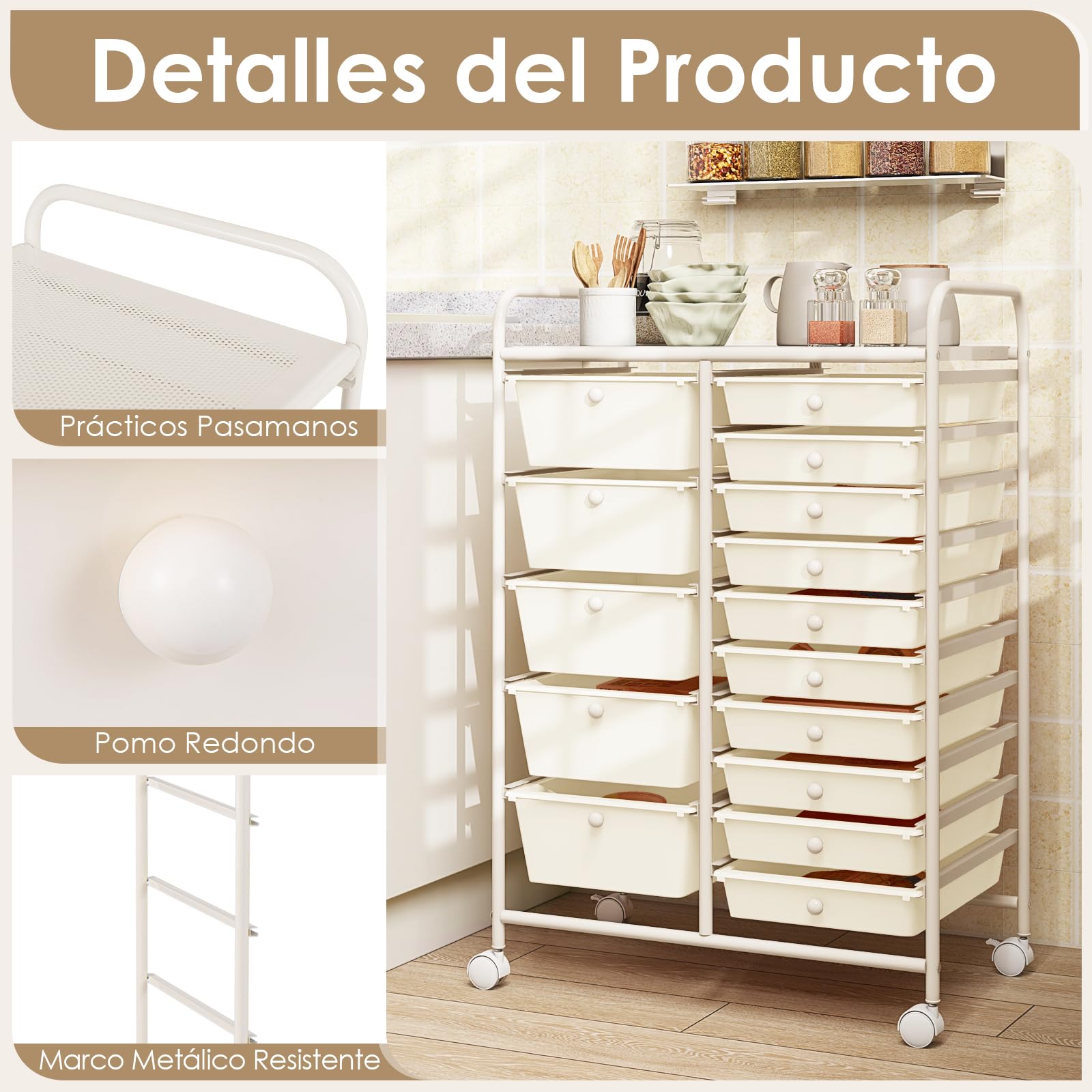 GOPLUS Carrito Auxiliar con 15 Cajones y Ruedas Giratorias Bloqueables, Carro de Almacenaje con Estructura de Acero, Carrito de Utilidad para Oficina Casa, 62.5 x 37 x 87 CM (Blanco)