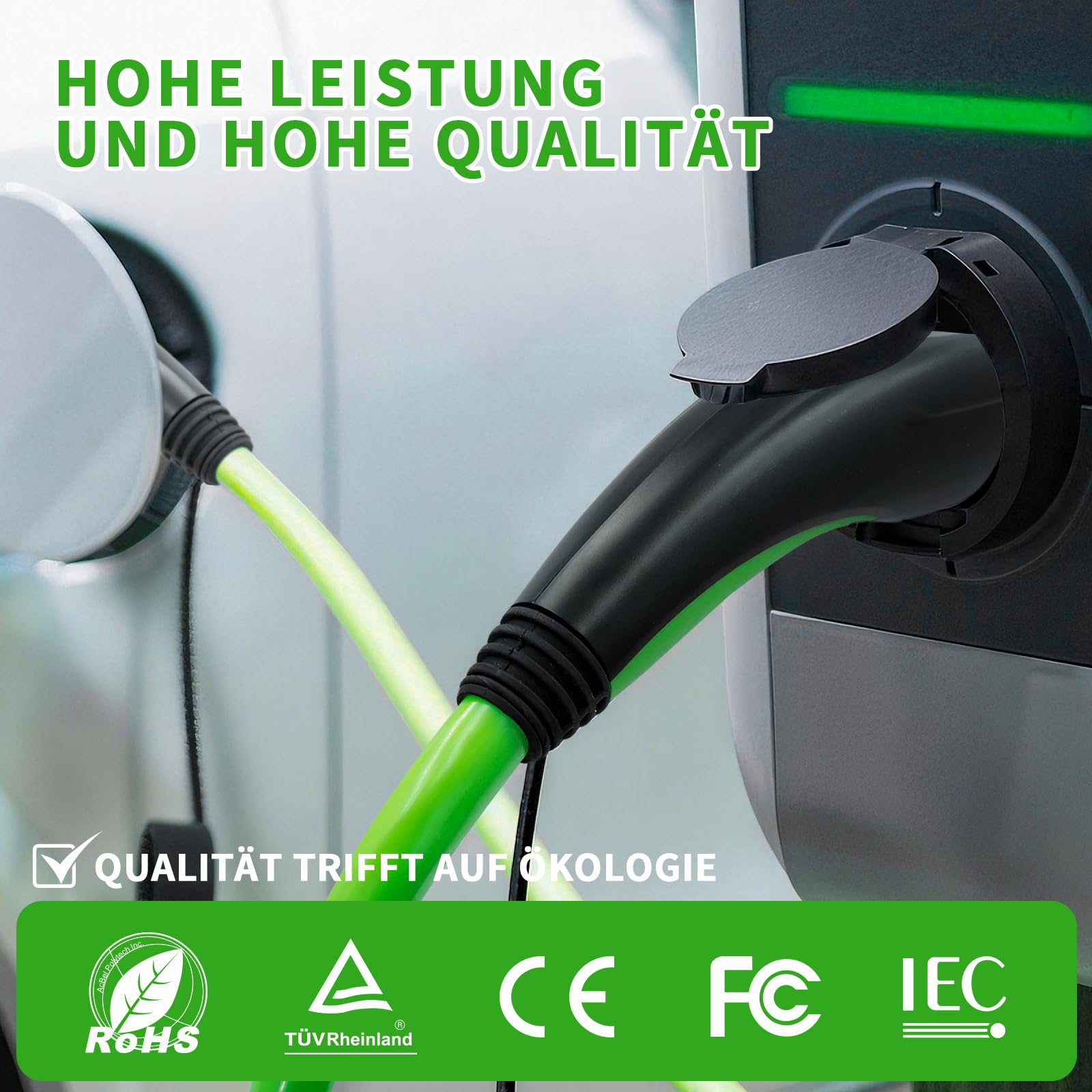 Typ 2 Ladekabel 7,4 kW [32A 1-phasig 5 m Modus 3 IEC 62196-2 ] Elektroauto Ladekabel mit Aufbewahrungstasche & Regenschutzhülle, passend für Wallbox & öffentliche Ladestation,(Grün)