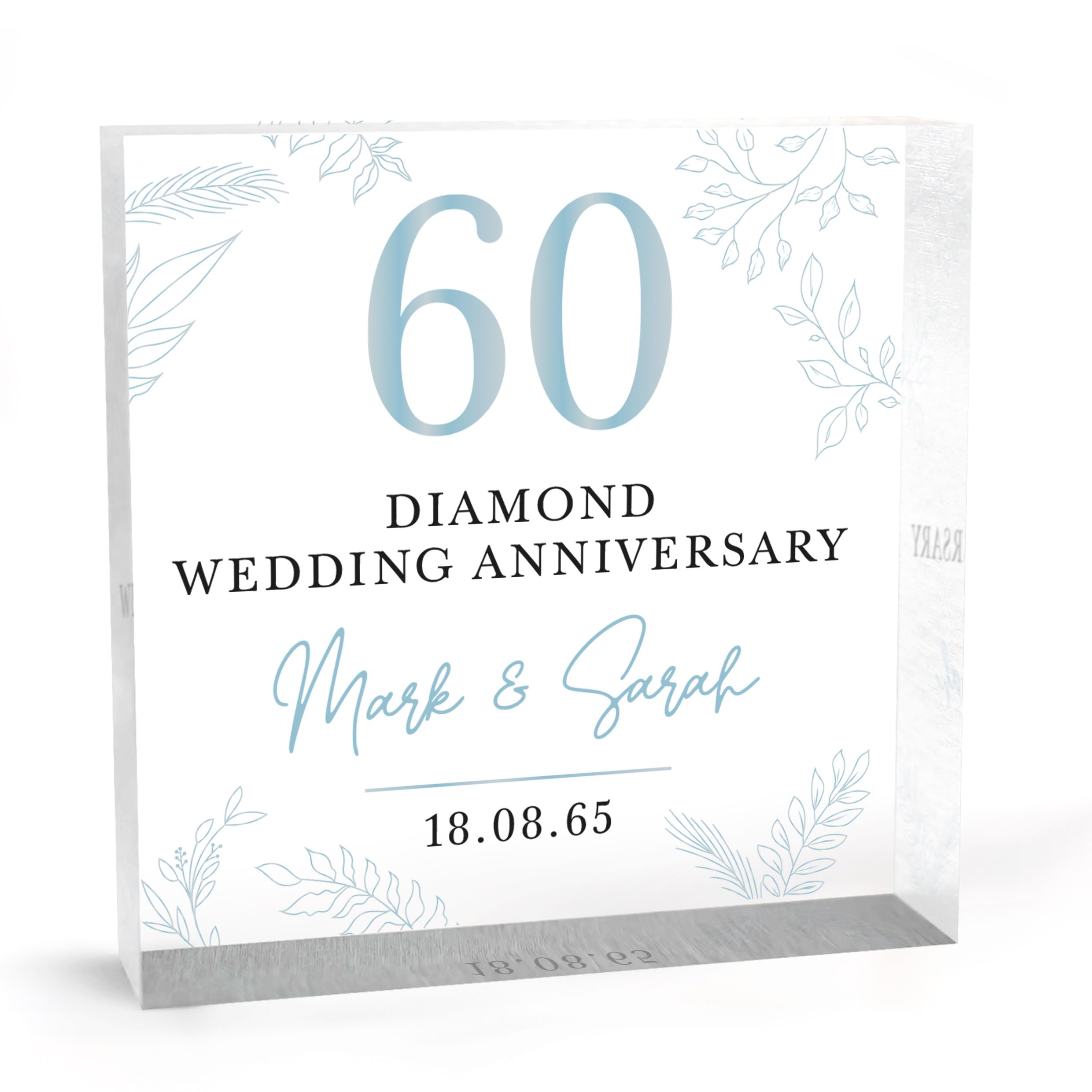 Beecreative 60th Anniversary Gift For Parents Grandparents Mum and Dad - Personalised Diamond Wedding Gifts For Couple, Friends - 60 Years Anniversary - With Grey Bag
