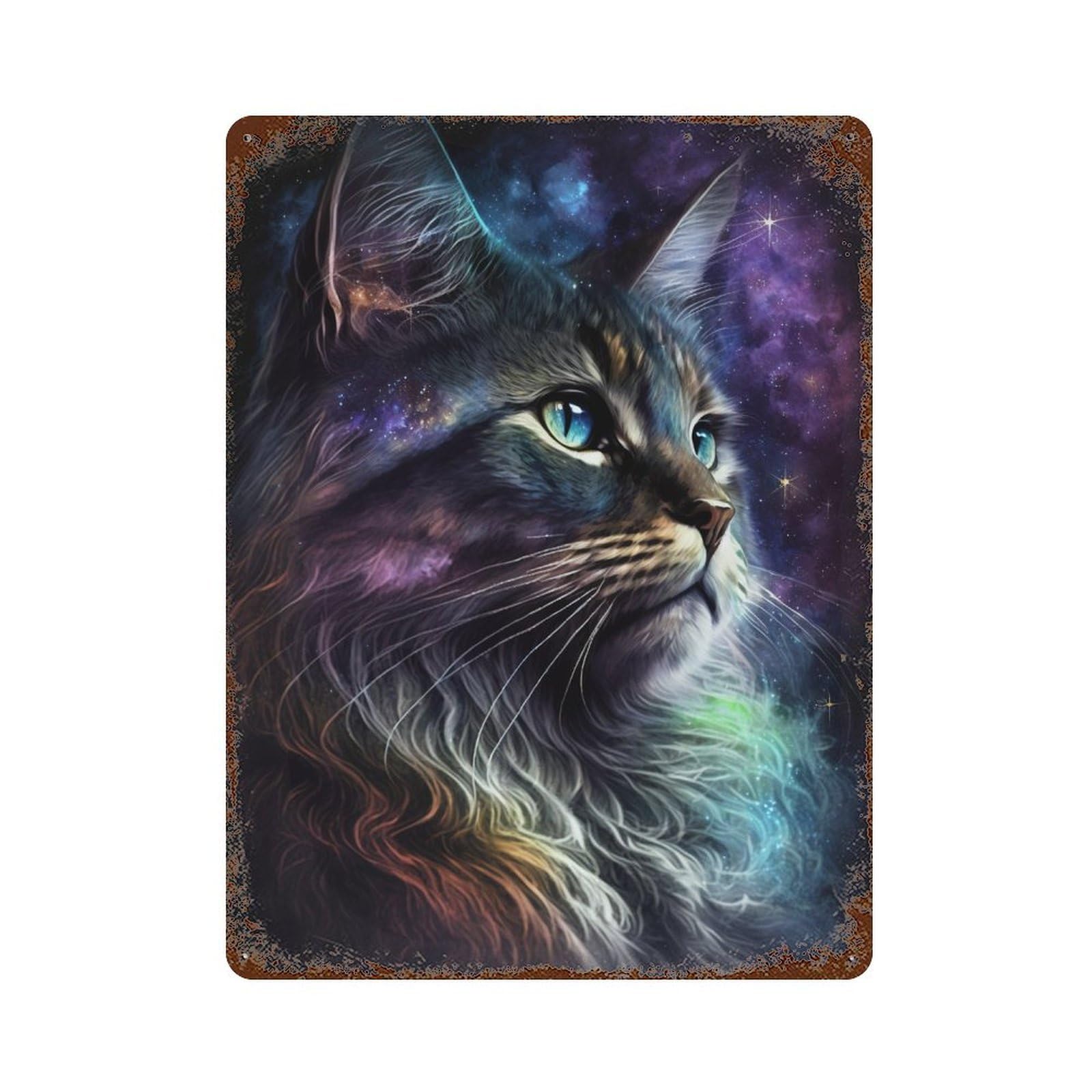 Cosmic Cat Portrait-27 Weathered Tin Sign 15.7"x11.8", for Shed, Workshop And Garage Wall Decor, Decorative Metal Wall Art