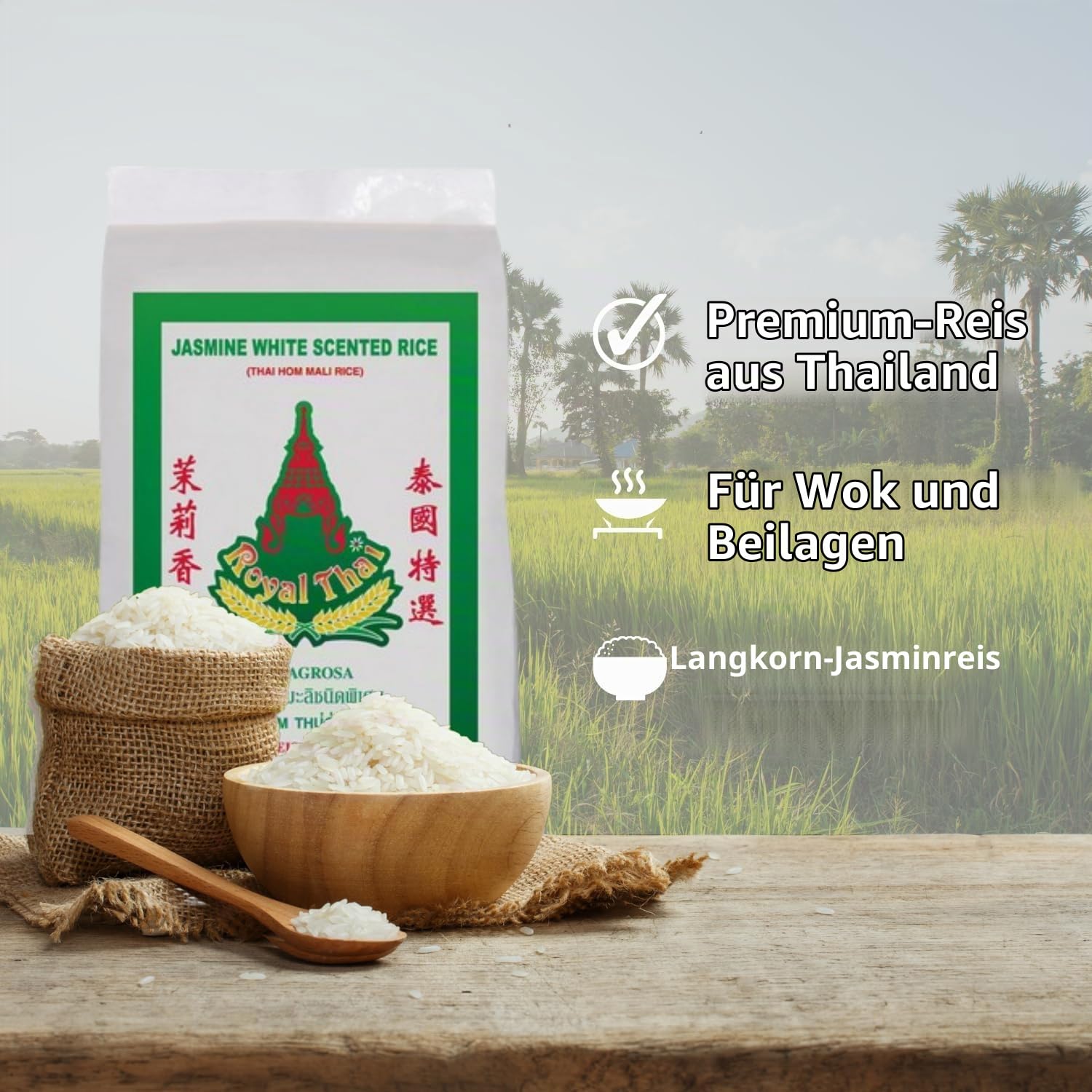 Royal Thai Rice Jasmin Duftreis Langkorn 18 kg – Premium Qualität aus Thailand, 100% Naturreis | Ideal für Wok-Gerichte, asiatische Küche & Beilagen mit Kajal Sticker