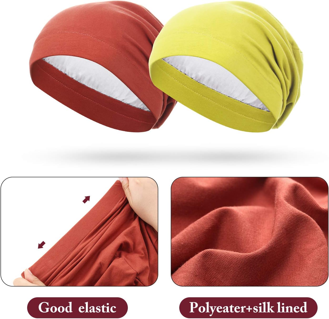 4 Pieces Satin Lined Sleep Cap Slouchy Beanie Hat Night Hair Cap for Women (Green, Rust Red, Yellow, Pink) - Image 3