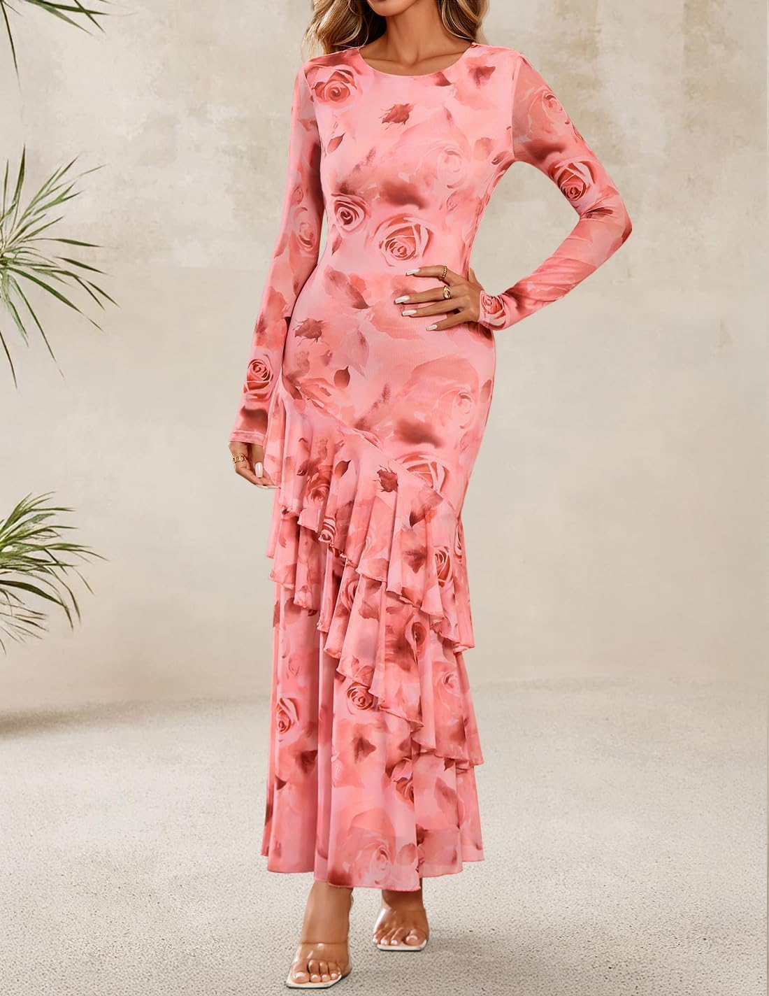 ZESICA Women's Spring Floral Wedding Guest Bodycon Dresses 2026 Long Sleeve Crewneck Mesh Ruffle Mermaid Party Maxi Dress - Image 2