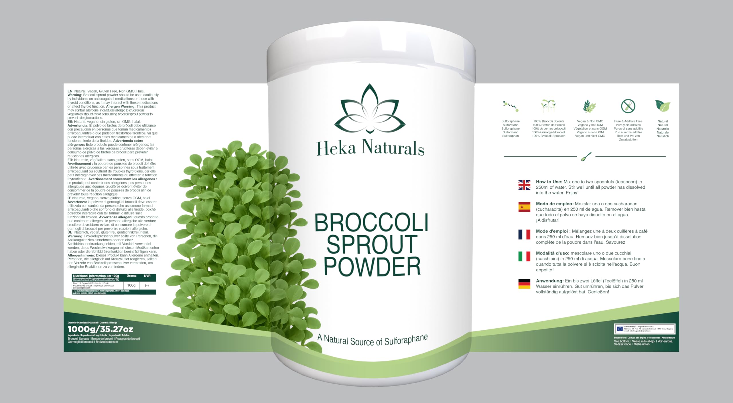 Heka Naturals Brote de brócoli en polvo, superalimento 100% puro de semillas germinadas, rico en sulforafano, vegano, sin OMG y libre de aditivos, 1000 g
