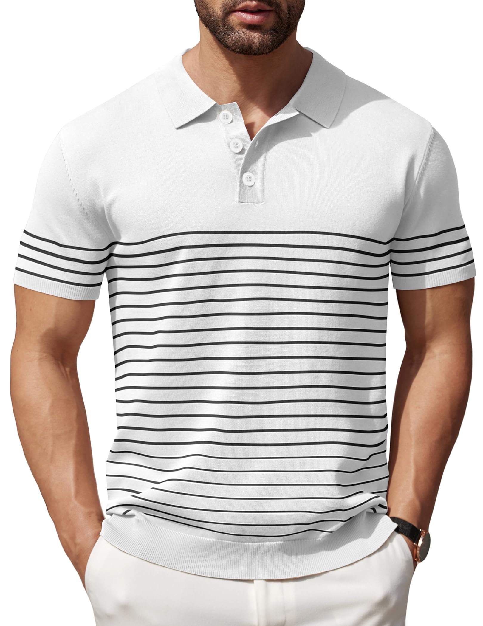 COOFANDY Men's Knit Polo Shirts Short Sleeve Striped Golf Polo Shirts Lightweight Casual Collared T Shirt
